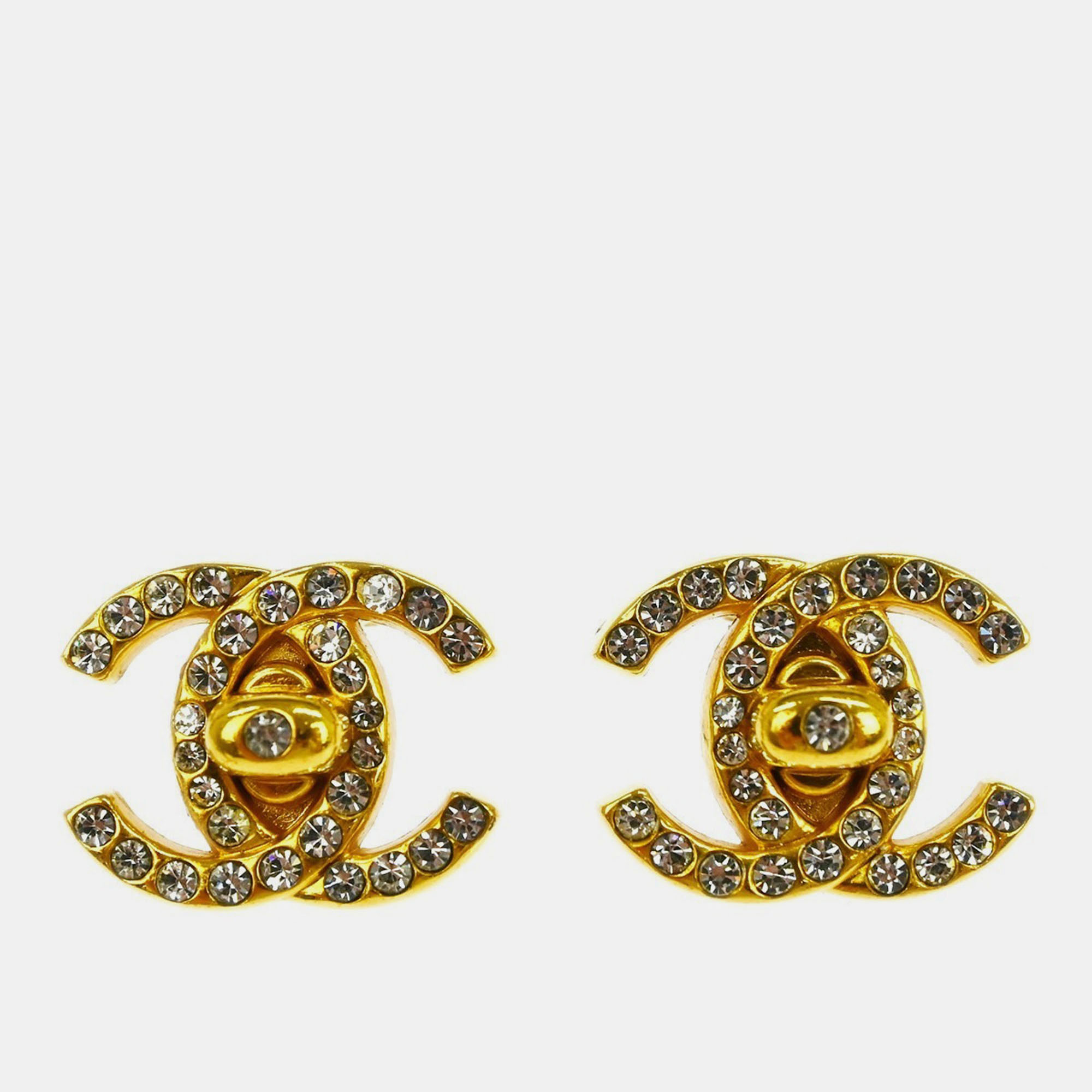 

Chanel CC Turnlock Rhinestone Earrings Clip-On Gold Small