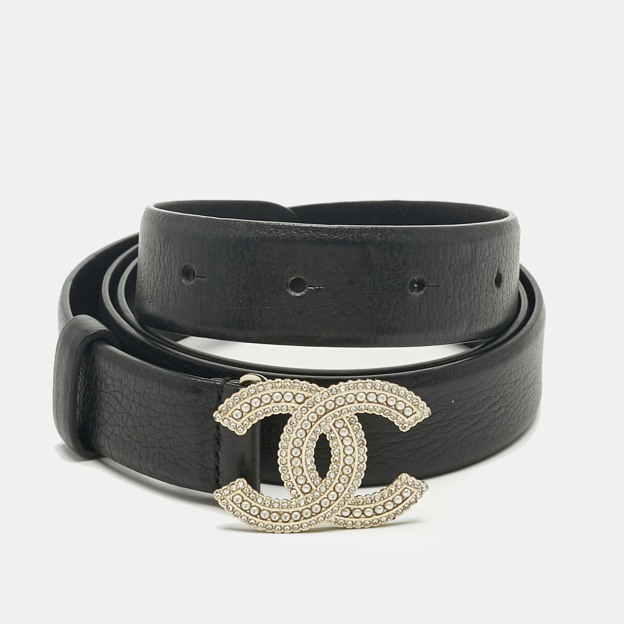 

Chanel Black Leather CC Embellished Waist Belt 90CM