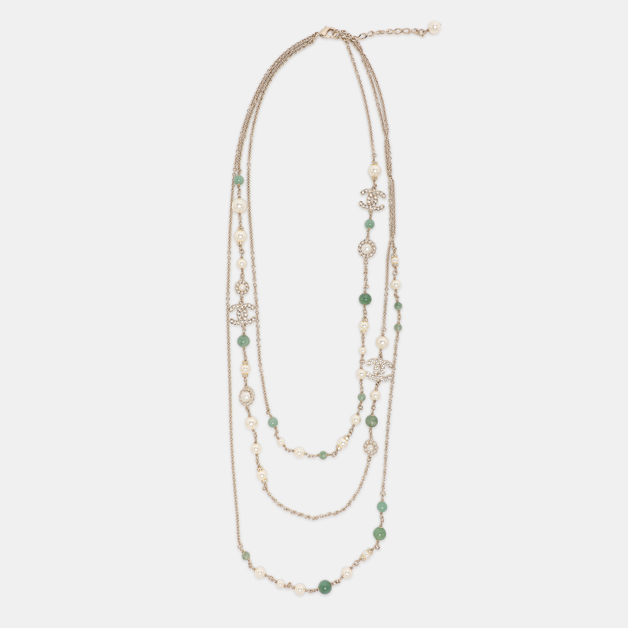 Pre-owned Chanel Cc Multi Beads Faux Pearl Crystal Gold Tone Long Necklace