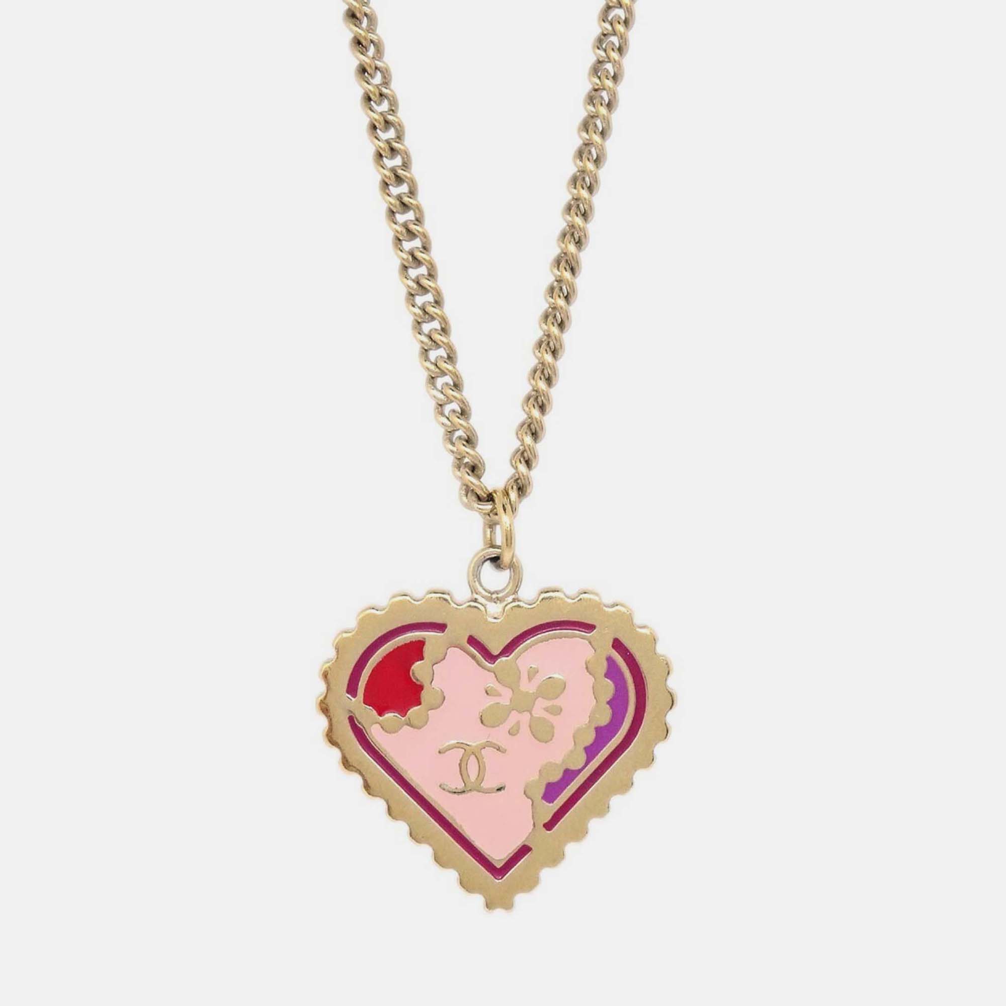 Pre-owned Chanel Heart Chain Pendant Necklace Gold
