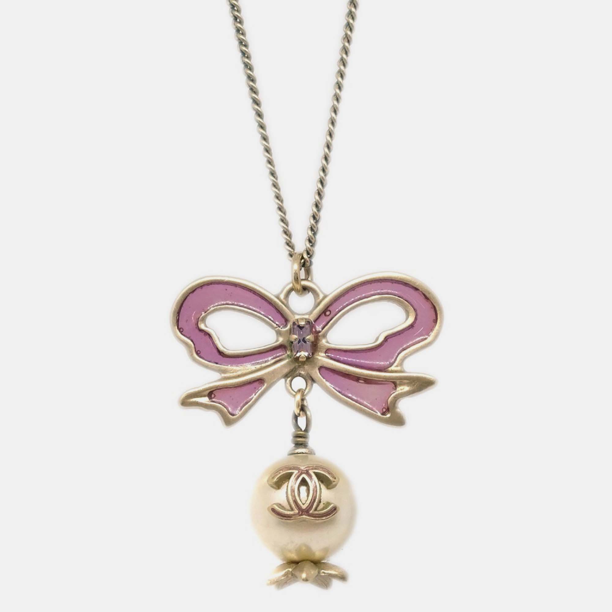 Pre-owned Chanel Chain Pendant Necklace Artificial Pearl Bow Gold