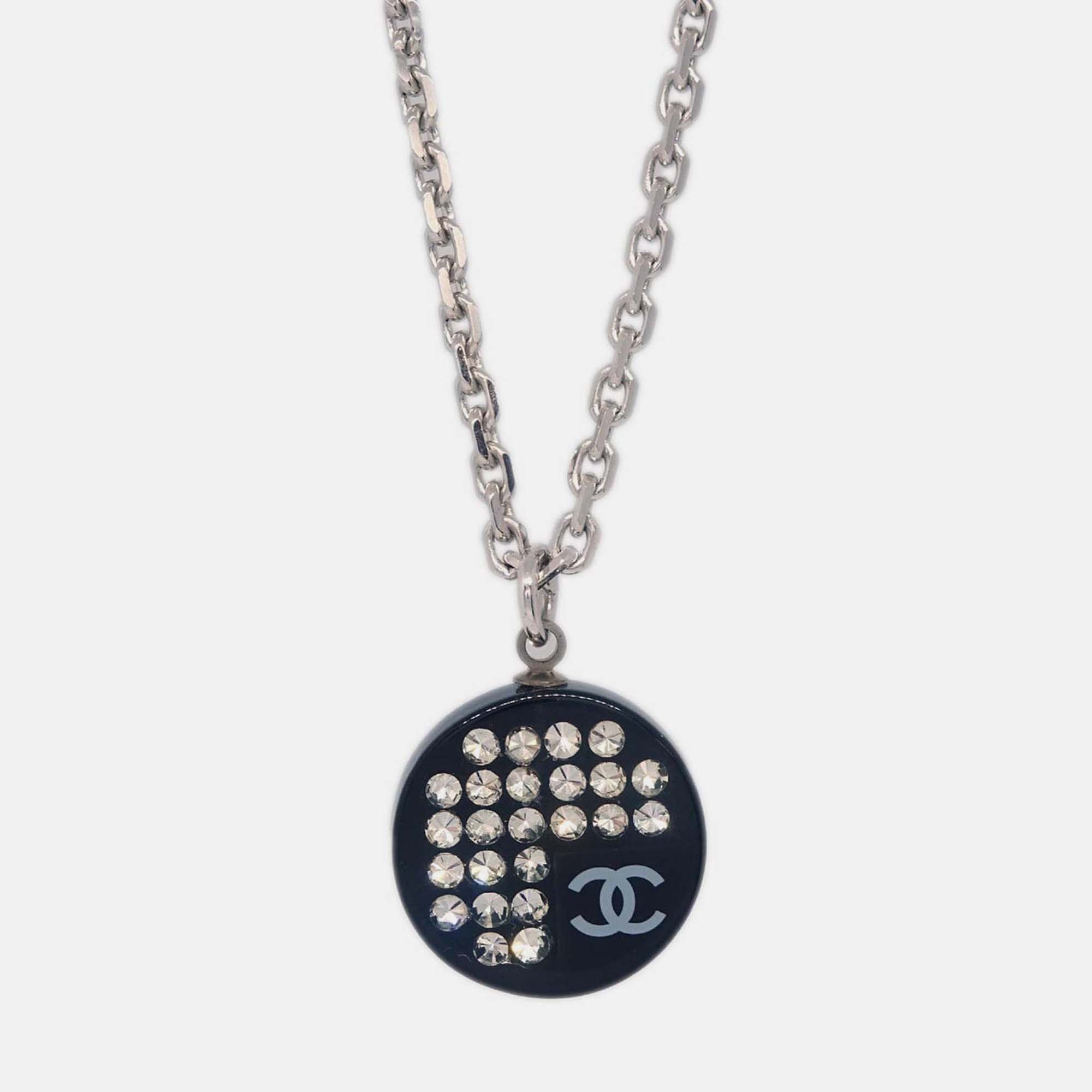 Pre-owned Chanel Medallion Pendant Necklace Rhinestone Silver Black