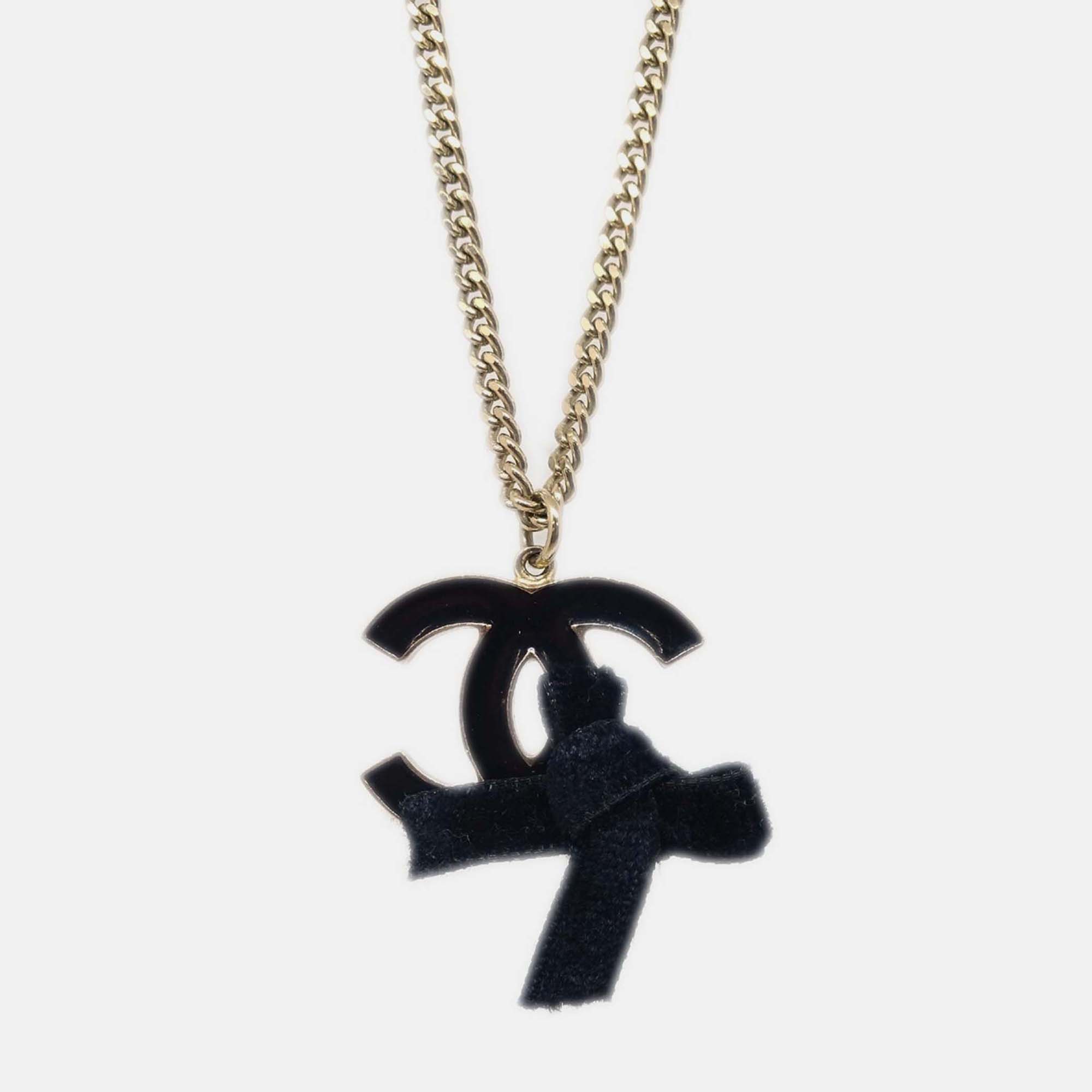 

Chanel Bow CC Chain Necklace Pendant Gold Black