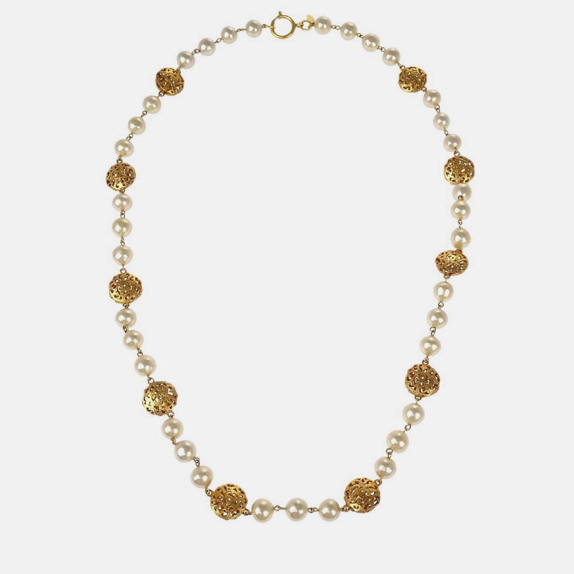 Pre-owned Chanel Artificial Pearl Chain Necklace Gold