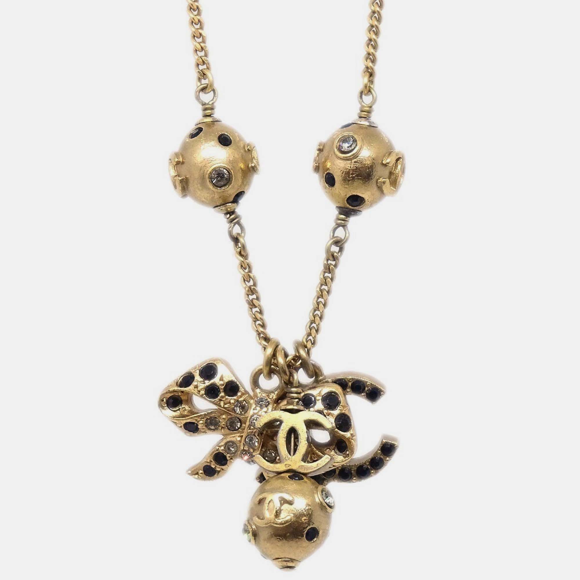 Pre-owned Chanel Icon Gold Chain Pendant Necklace Rhinestone