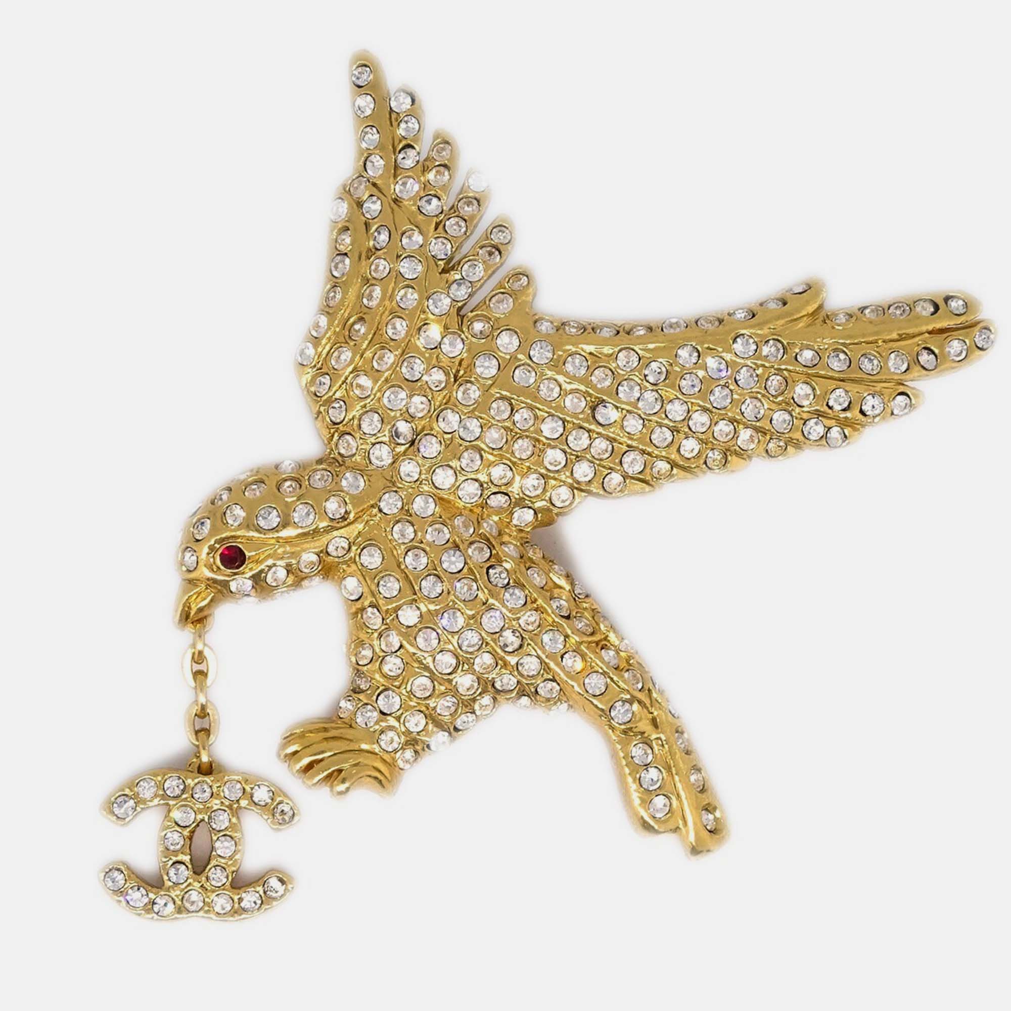Pre-owned Chanel Eagle Rhinestone Brooch Pin Gold