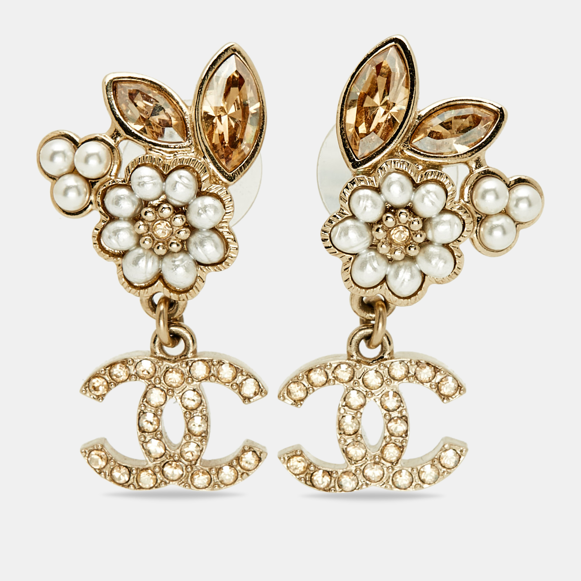 

Chanel CC Faux Pearl Crystals Gold Tone Earrings