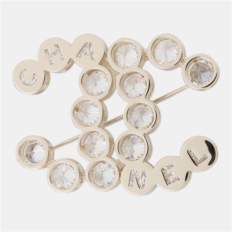 Pre-owned Chanel Cc Logo Rhinestone Gold Plated Brooch