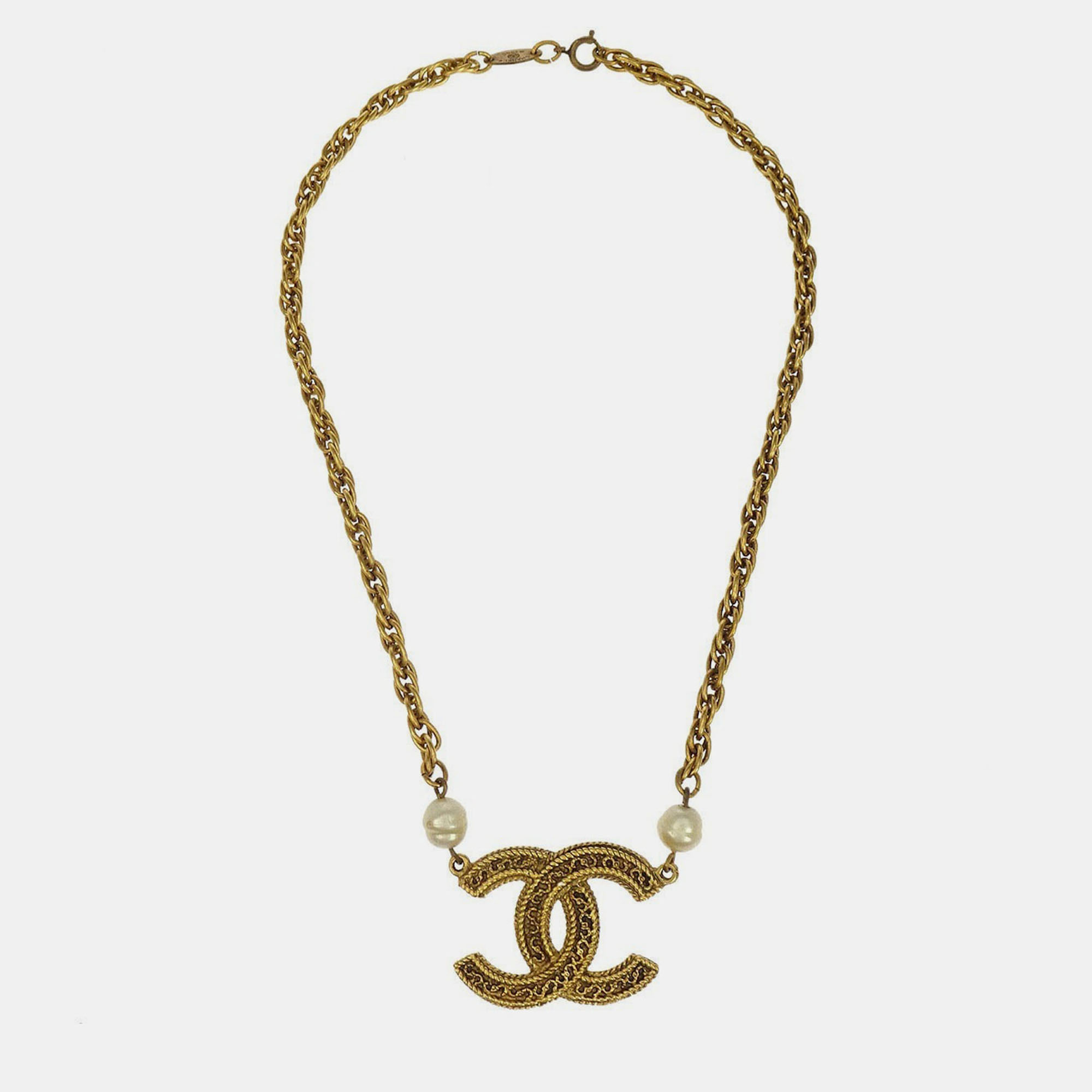 

Chanel Artificial Pearl CC Chain Necklace Pendant Gold
