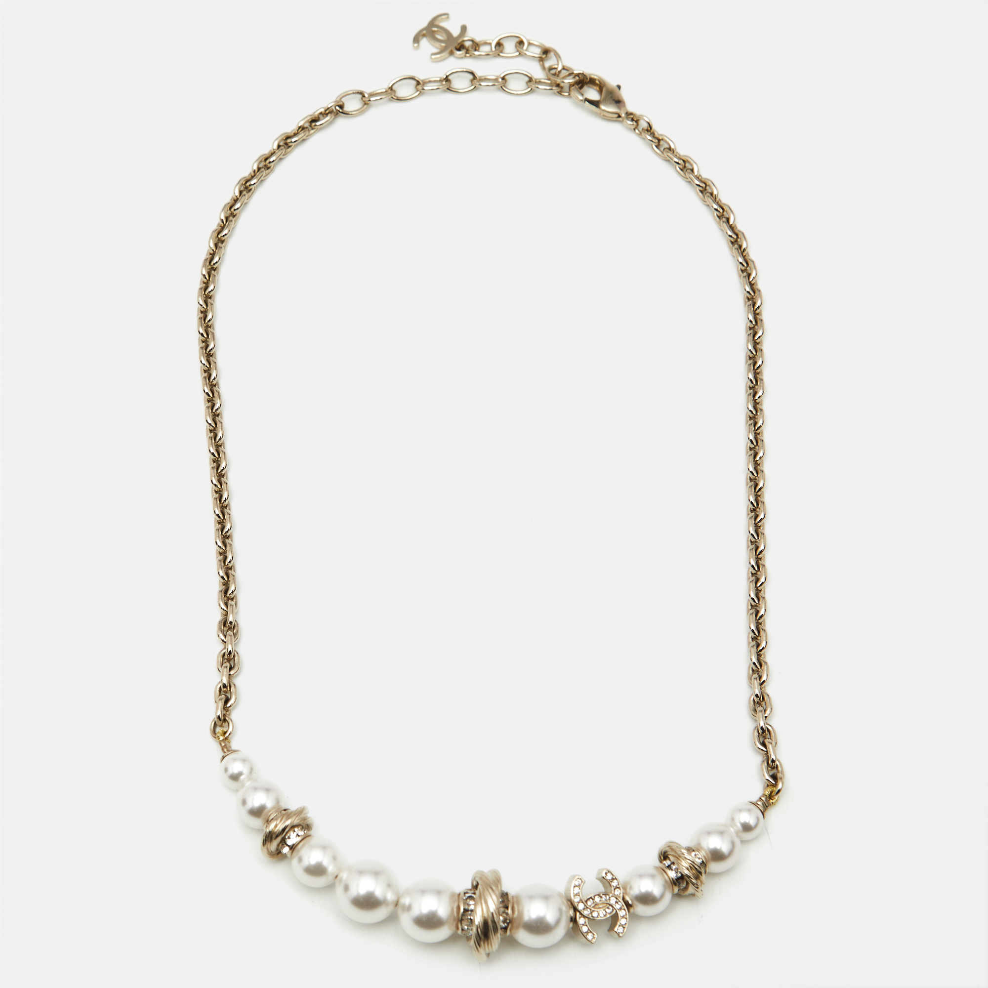 

Chanel CC Faux Pearl Crystals Gold Tone Necklace