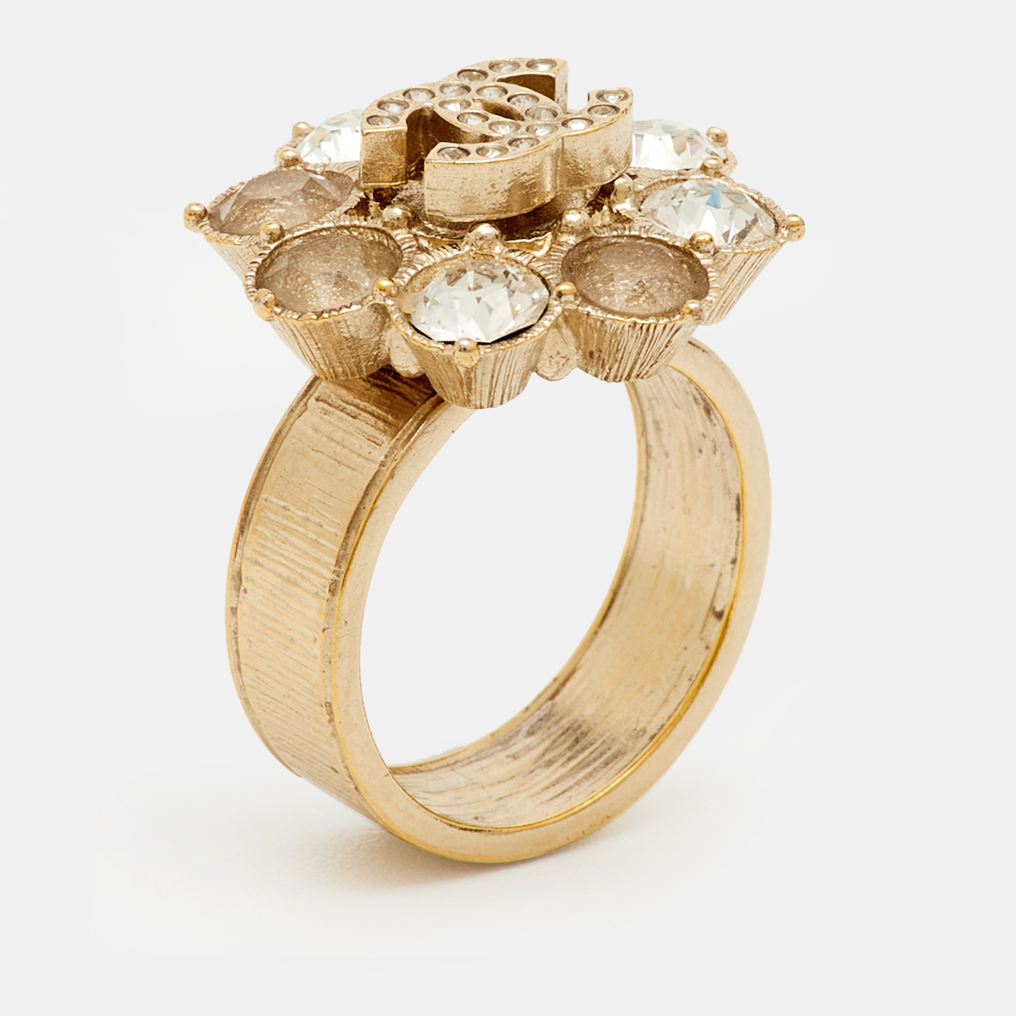 CHANEL Pre-owned Cc Crystals Gold Tone Ring Size 52