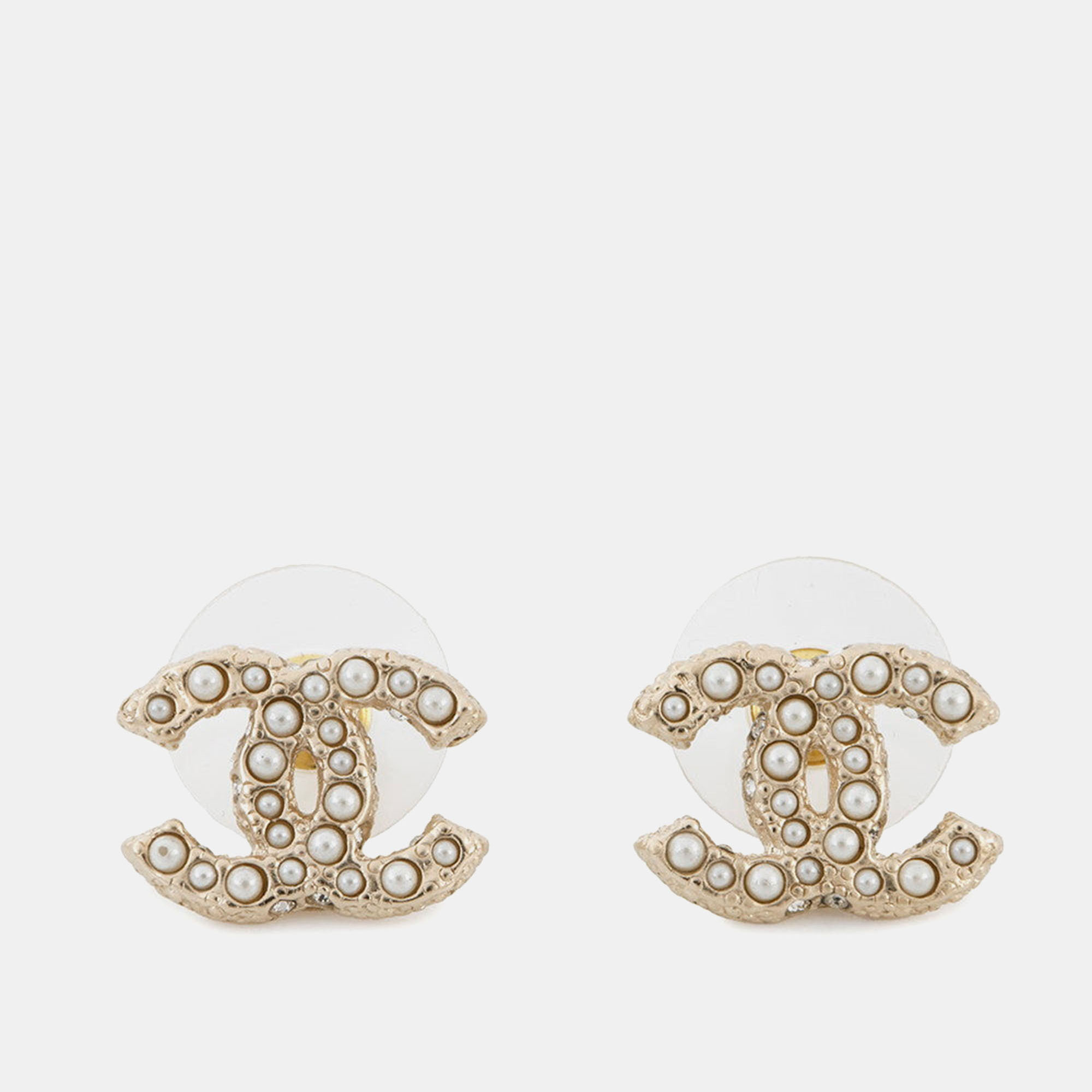 

Chanel Cc Logo Earrings Champagne Gold Metal Faux Pearl Rhinestone