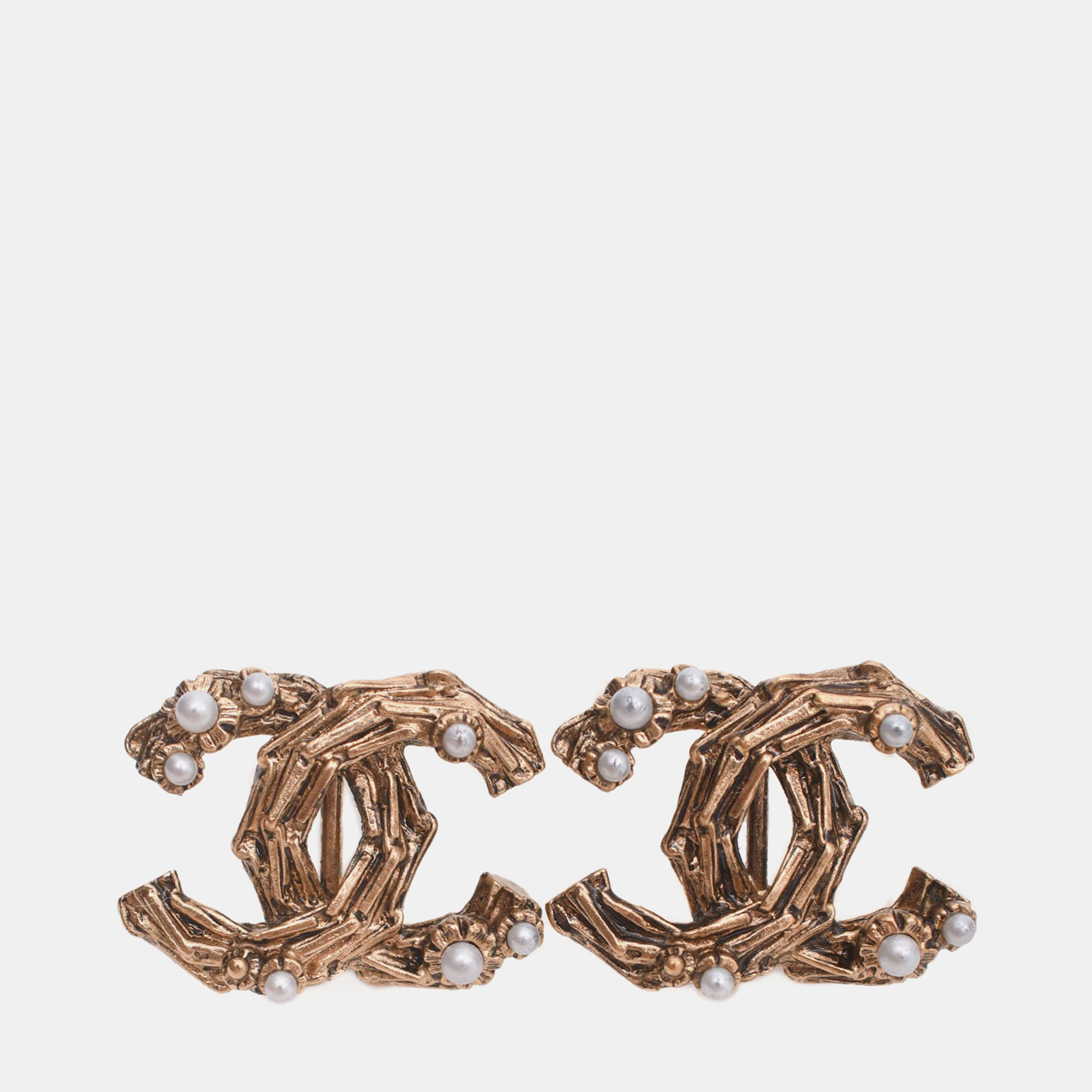 

Chanel 2017 Gold Tone Faux Pearl CC Ear Clips