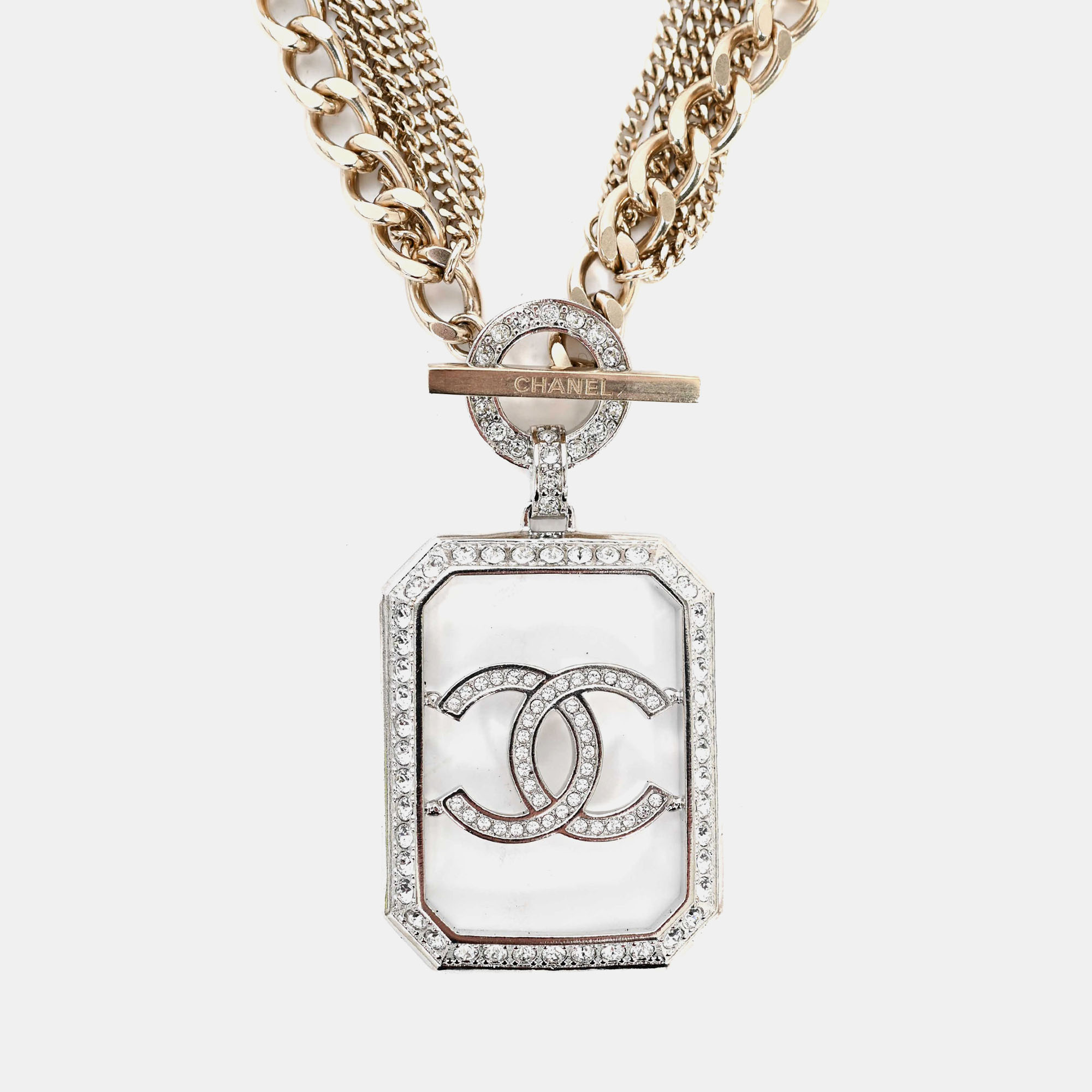 

Chanel 2018 Gold Toned Multi-strand Chain Crystal Embellished CC Pendant Necklace