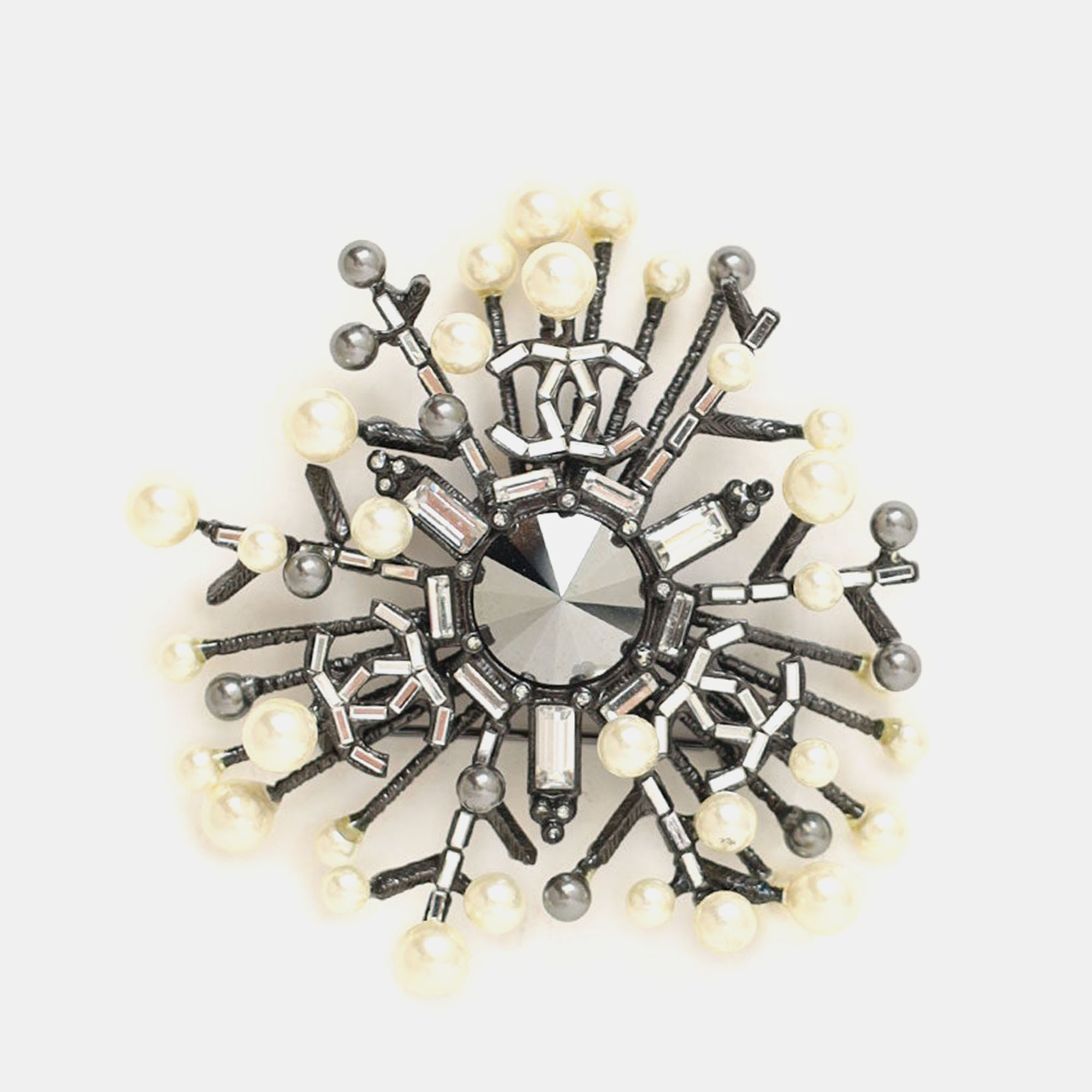 

Chanel 2010 Black/Faux Pearl Silver CC Brooch