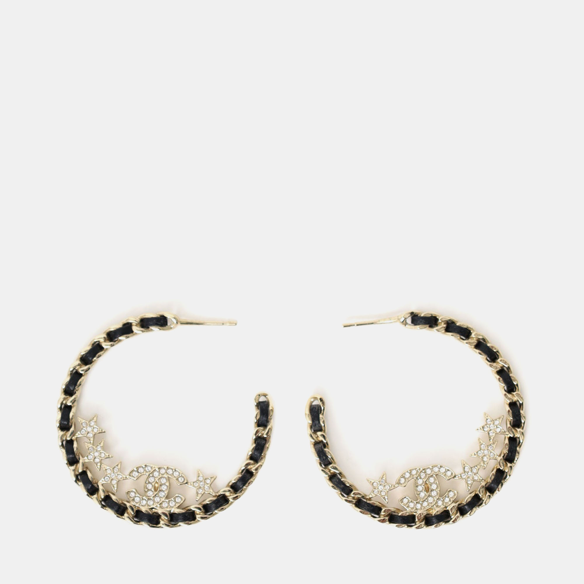 Pre-owned Chanel 2023 Gold-tone/black Leather Braided Crystal Star Cc Hoop Earrings