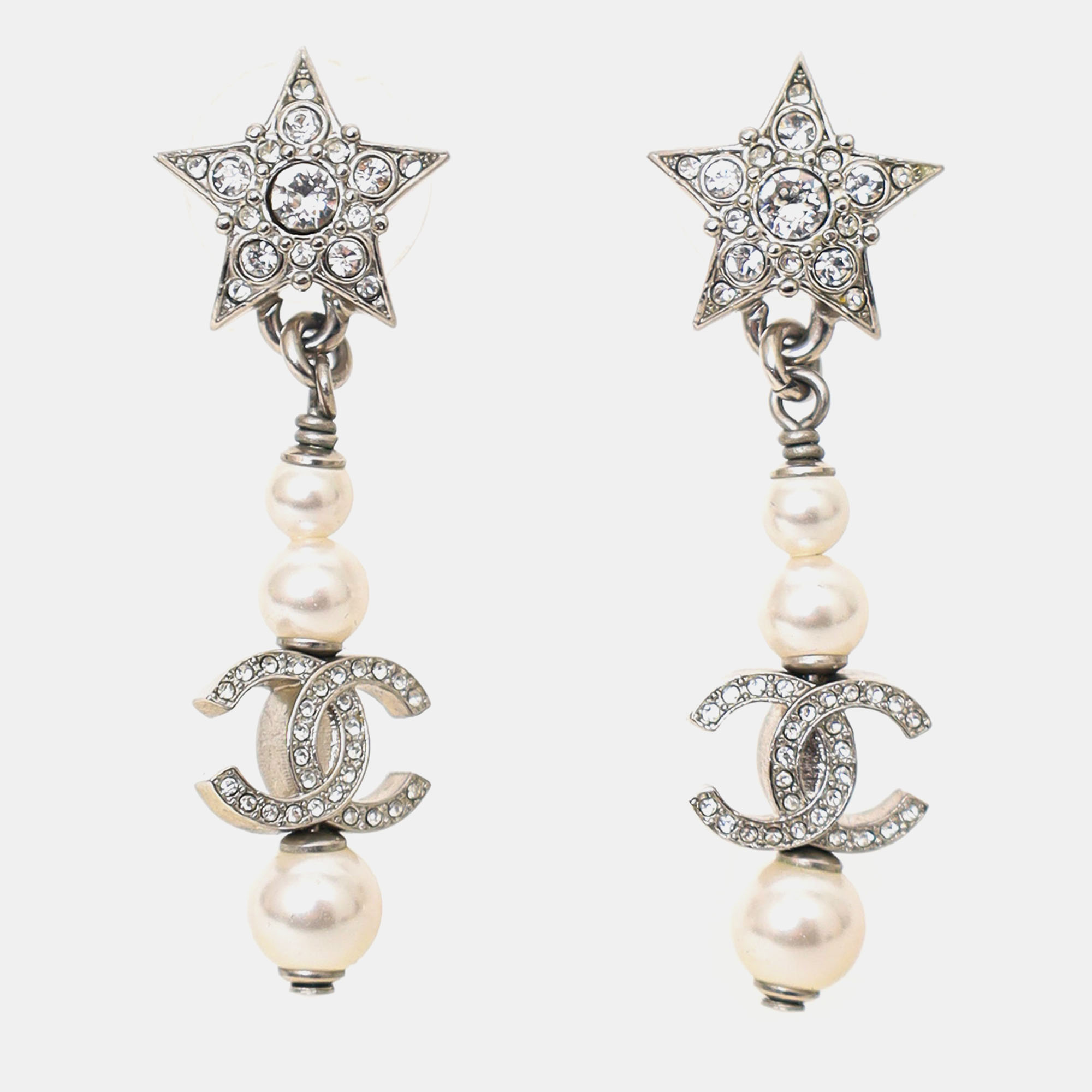 

Chanel 2020 Silver Tone Faux Pearl & Strass CC Star Drop Earrings