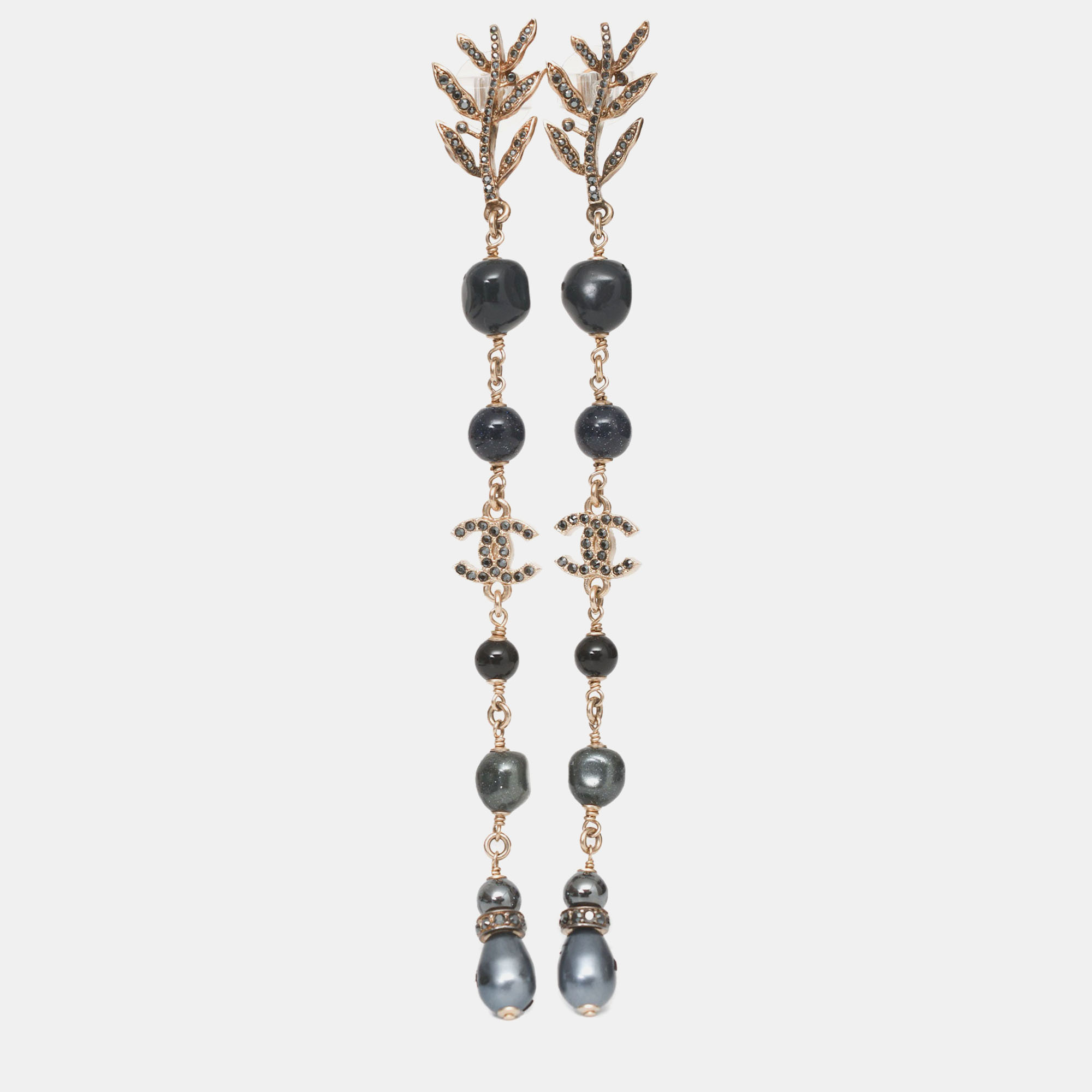 

Chanel 2018 Forest Leaf Navy CC Logo Crystal Pearl Long Drop Earrings, Navy blue