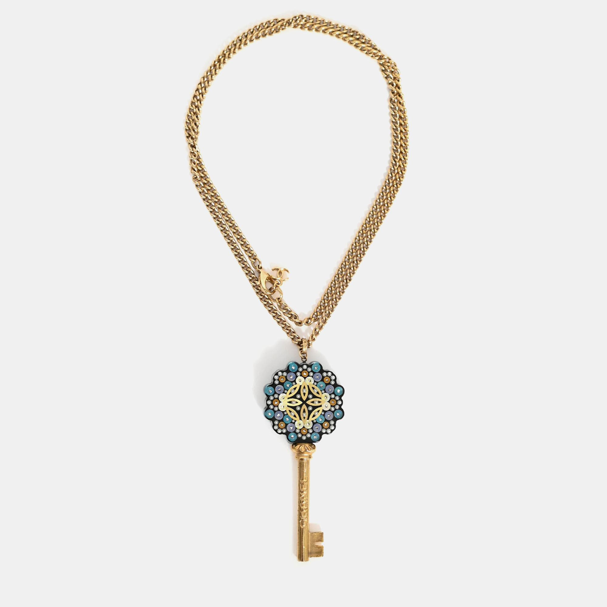 

Chanel 2017 Gold Tone 'Collectables Key' Resin Pendant Necklace