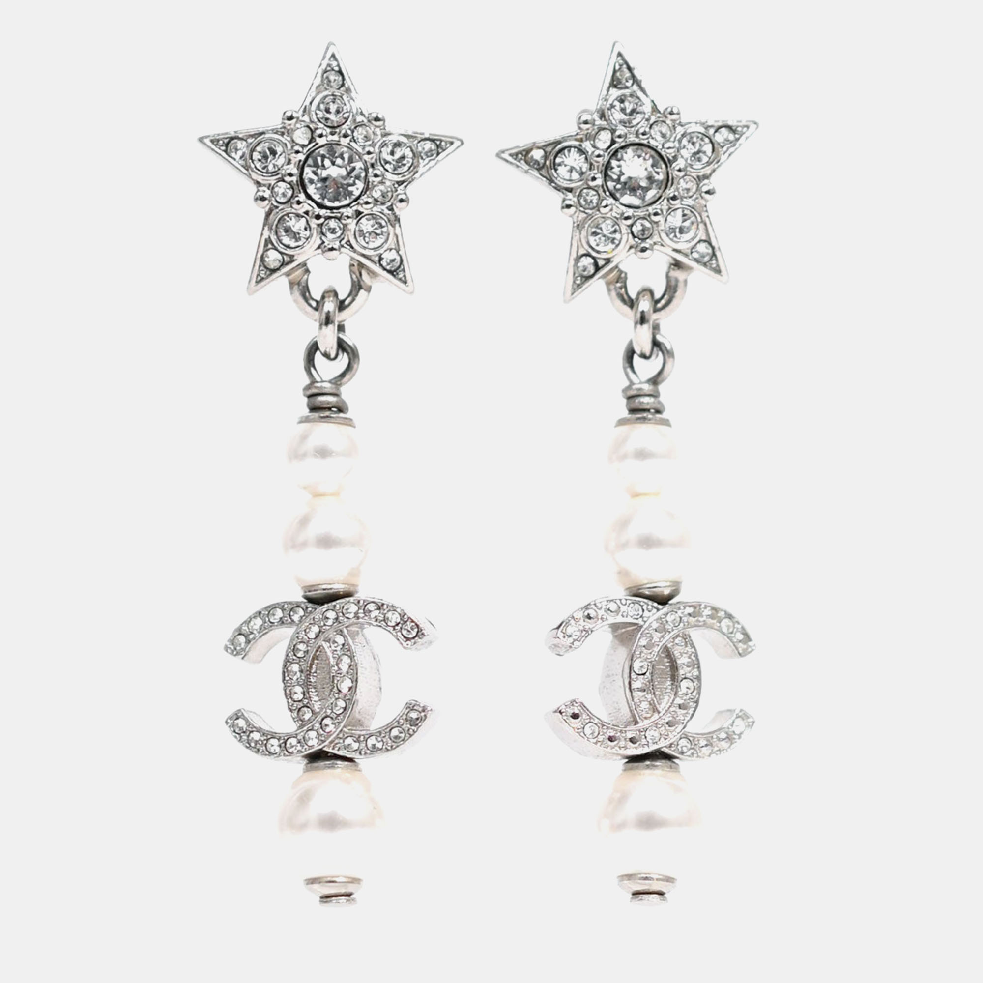 

Chanel 2020 Silver Tone Pearl Star CC Drop Earrings
