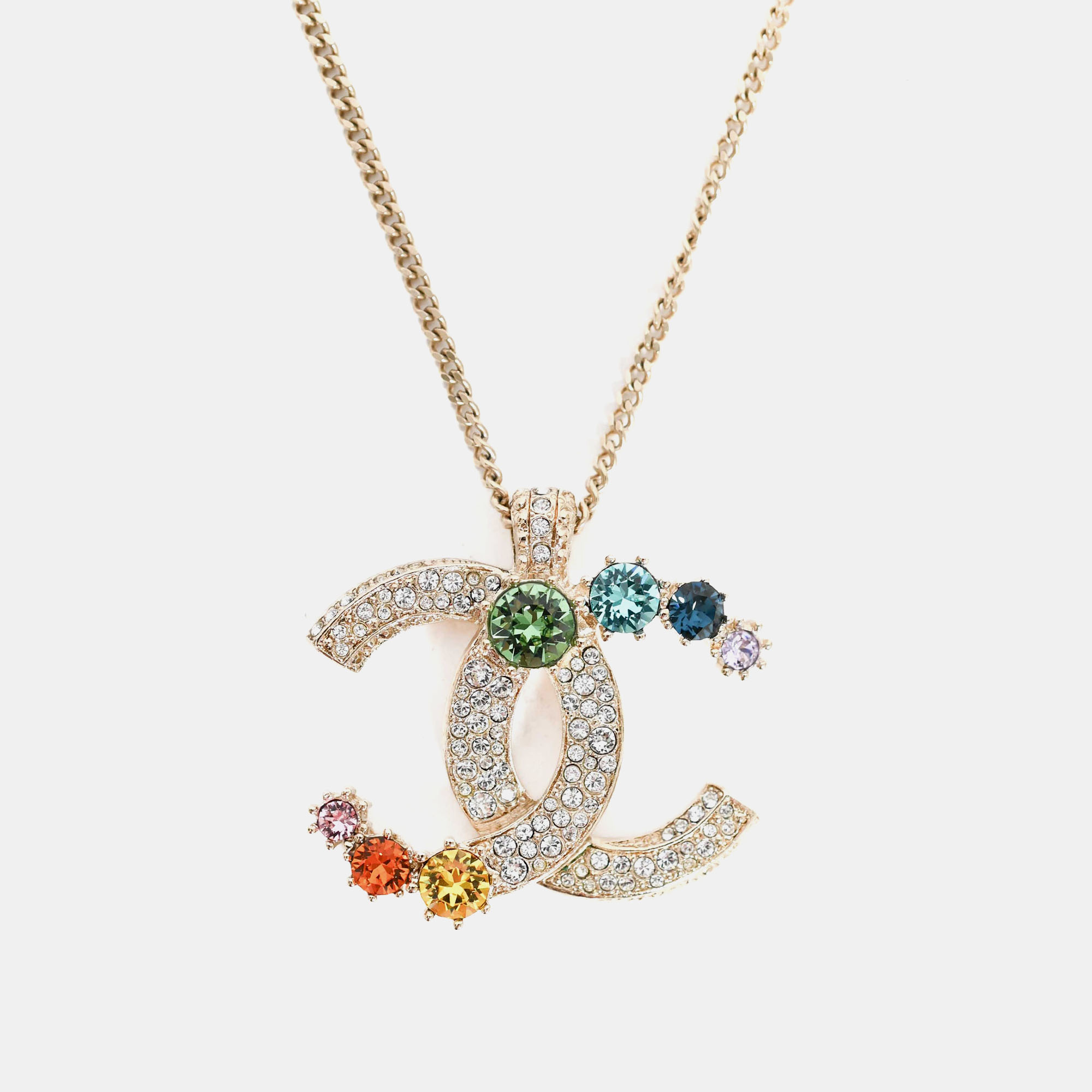 

Chanel 2019 Gold Toned Rainbow Crystal CC Necklace