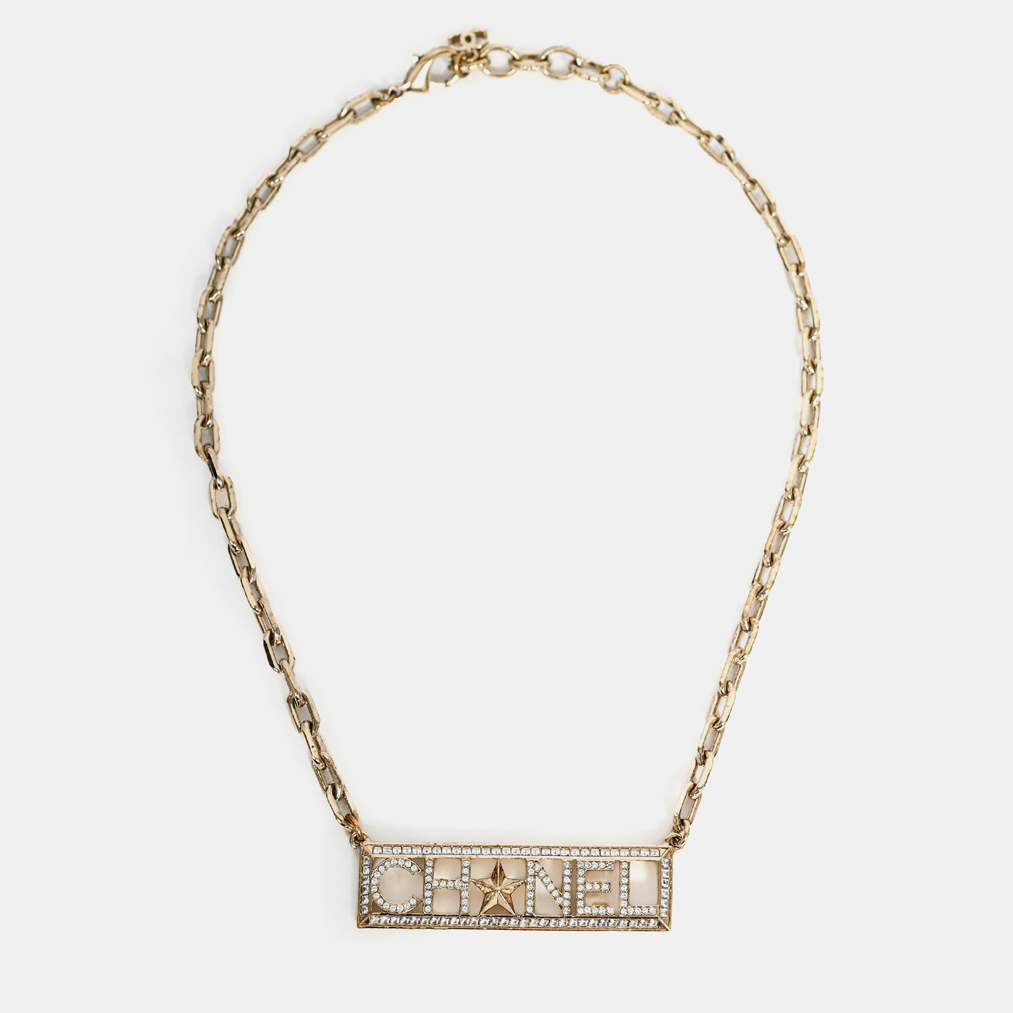 

Chanel 2017 Gold Toned Crystal Embellished Logo Star Choker Necklace