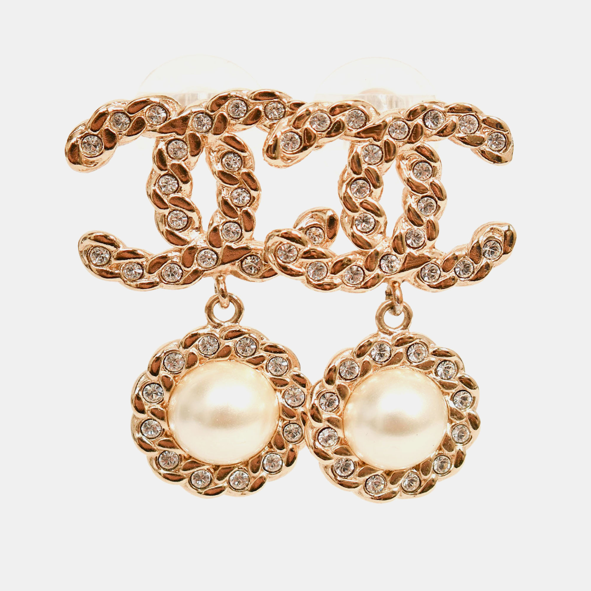 

Chanel 2020 Gold Toned Faux Pearl/Crystal CC Dropstud Earrings
