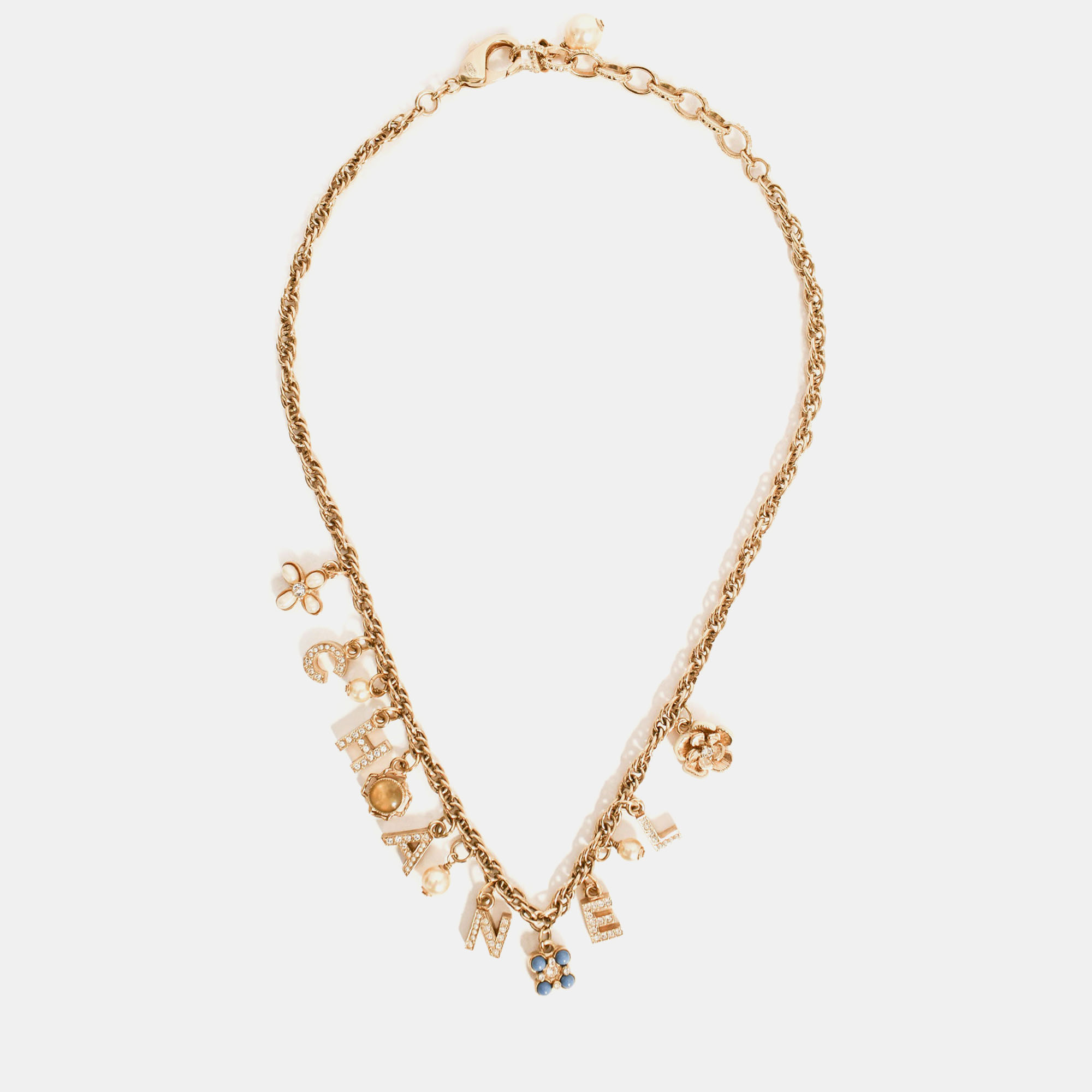 

Chanel 2019 Gold Tone Faux Pearl 'CHANEL' Charm Necklace