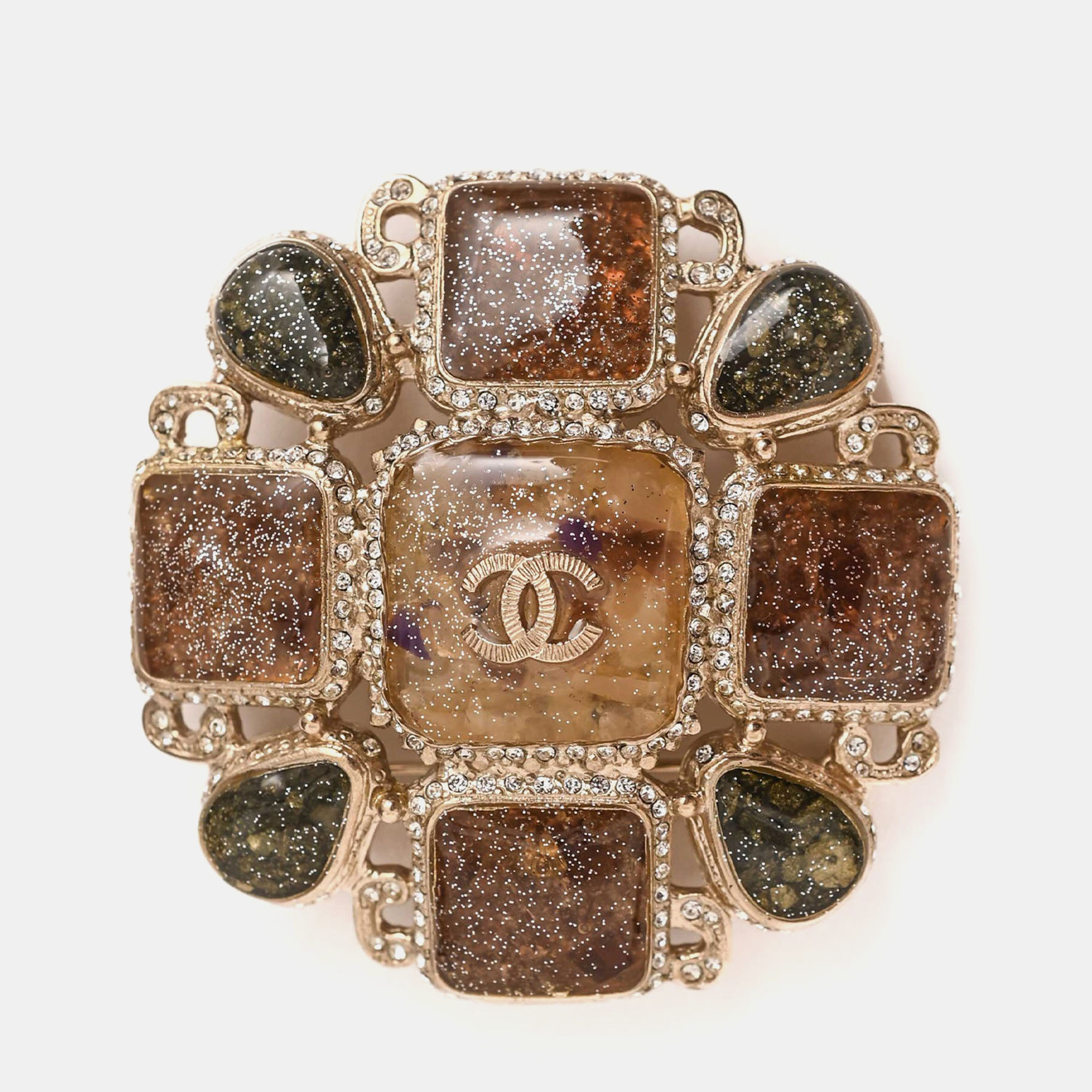 Pre-owned Chanel 2012 Green/beige Glitter Resin Cc Brooch