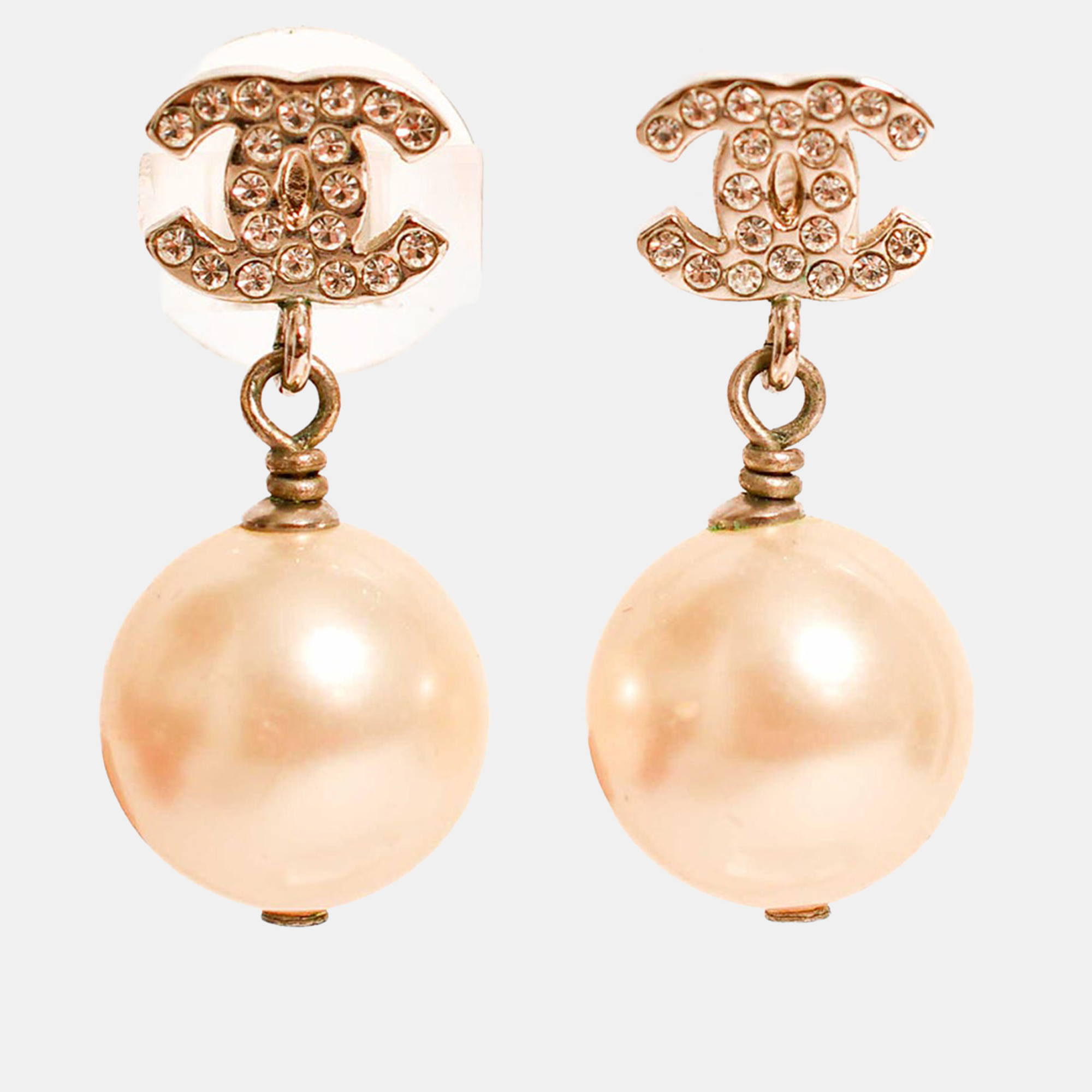 

Chanel 2015 Gold Toned Crystal CC Faux Pearl Drop Earrings