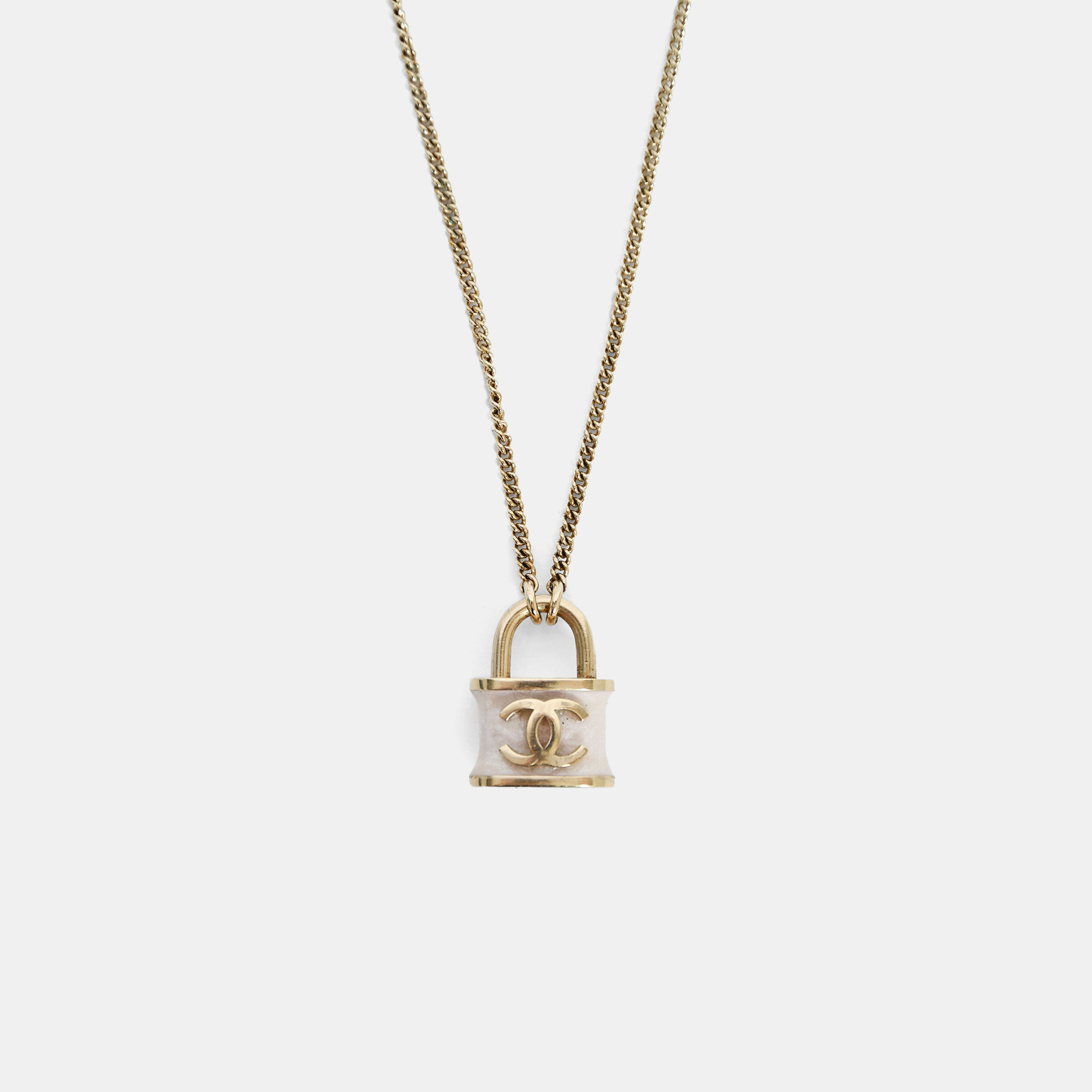 

Chanel 2018 Gold Toned CC White Shimmer Lock Pendant Necklace