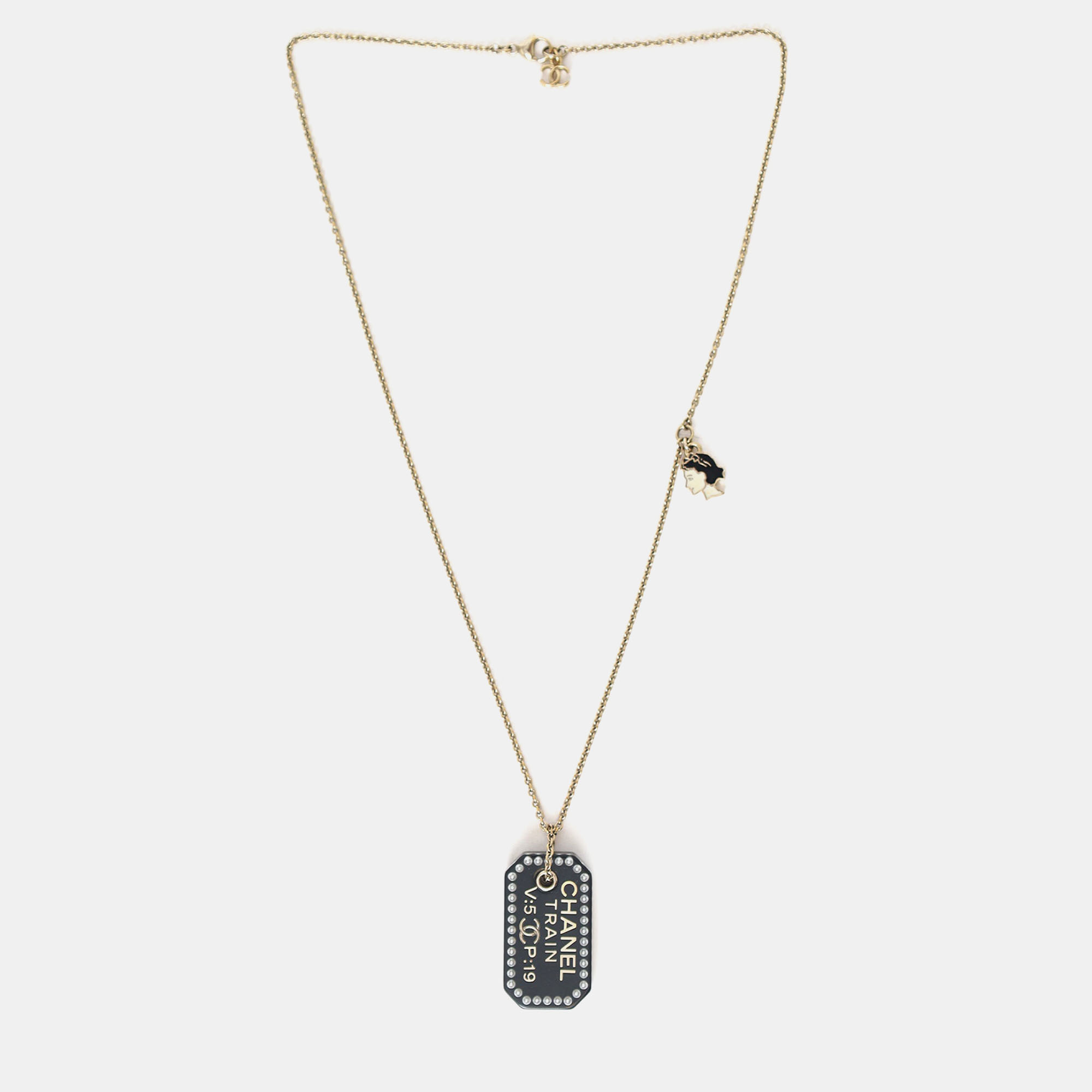 

Chanel Black Plastic Coco Chanel Pearl Tag Necklace