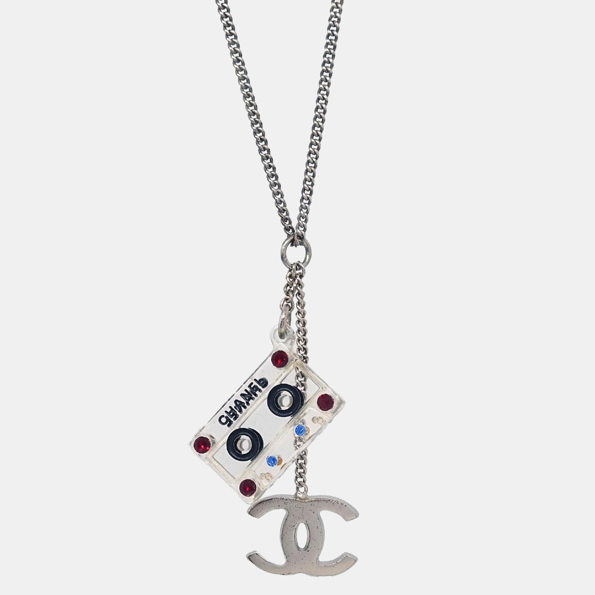 

Chanel CC Cassette Tape Chain Pendant Necklace Rhinestone Silver