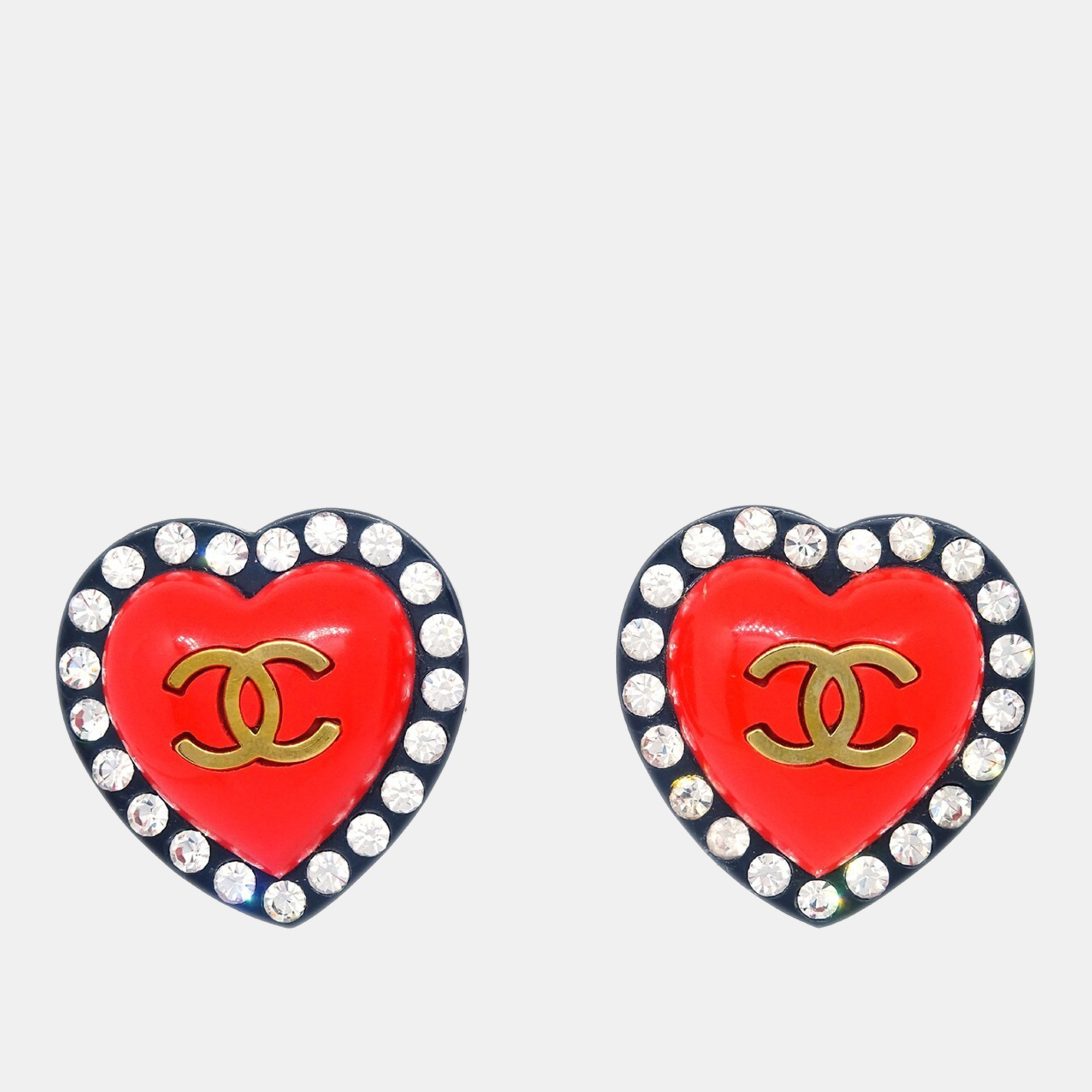 

Chanel Heart Rhinestone Earrings Clip-On Red