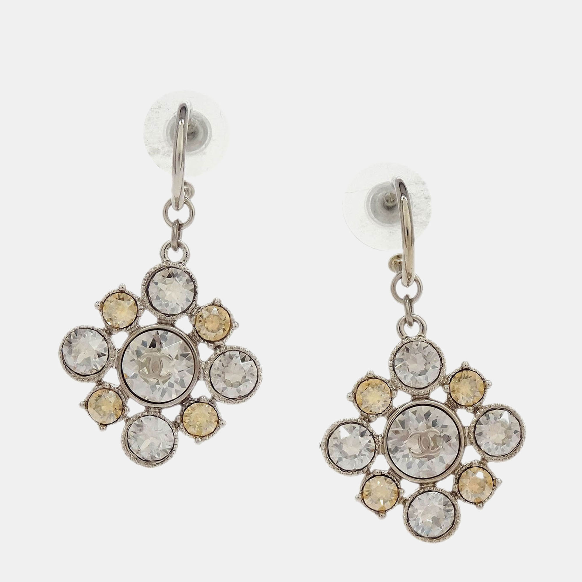 

Chanel Rhombus Dangle Piercing Earrings Silver Rhinestone