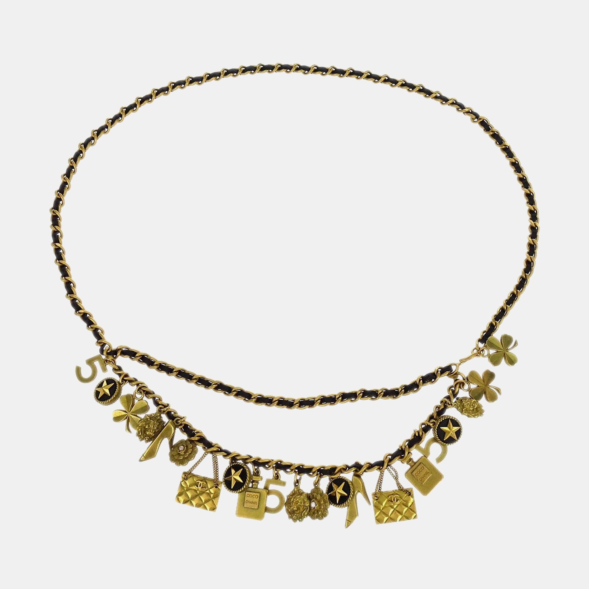 Pre-owned Chanel Cc Icon Chain Belt Artificial Pearl Gold Black