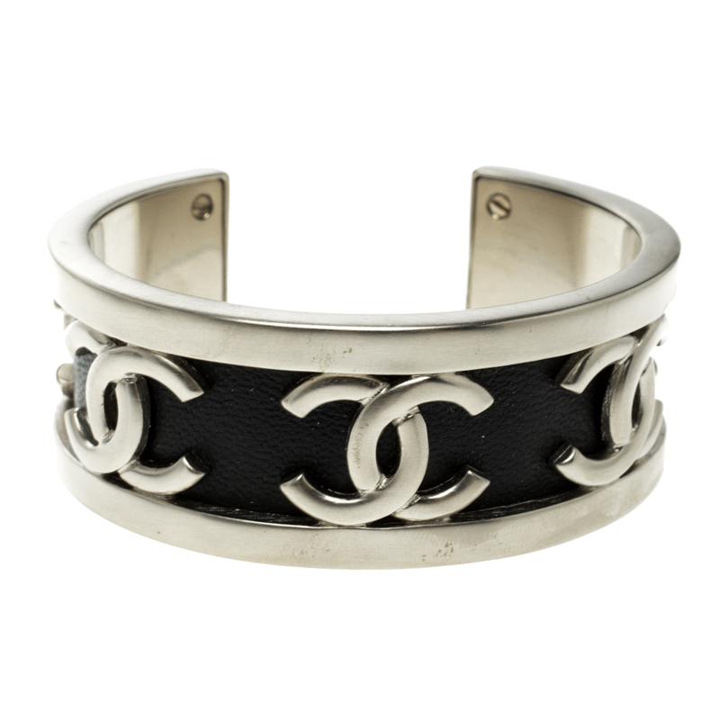 Pre Owned Chanel CC Black Leather Silver Tone Open Cuff Bracelet