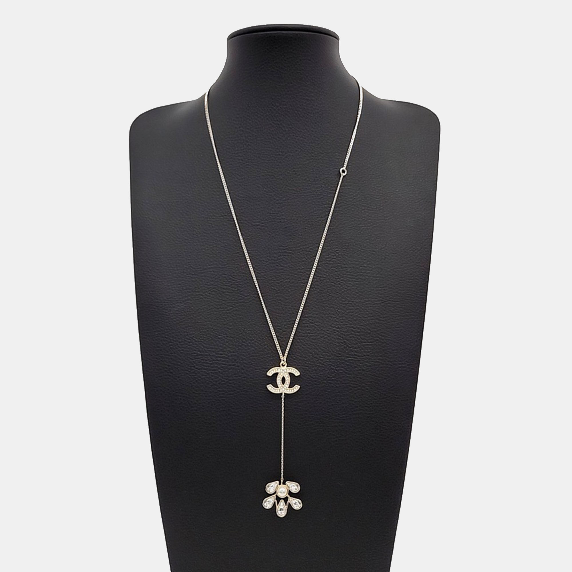 

Chanel Gold Plated Pearl Crystal Logo Necklace