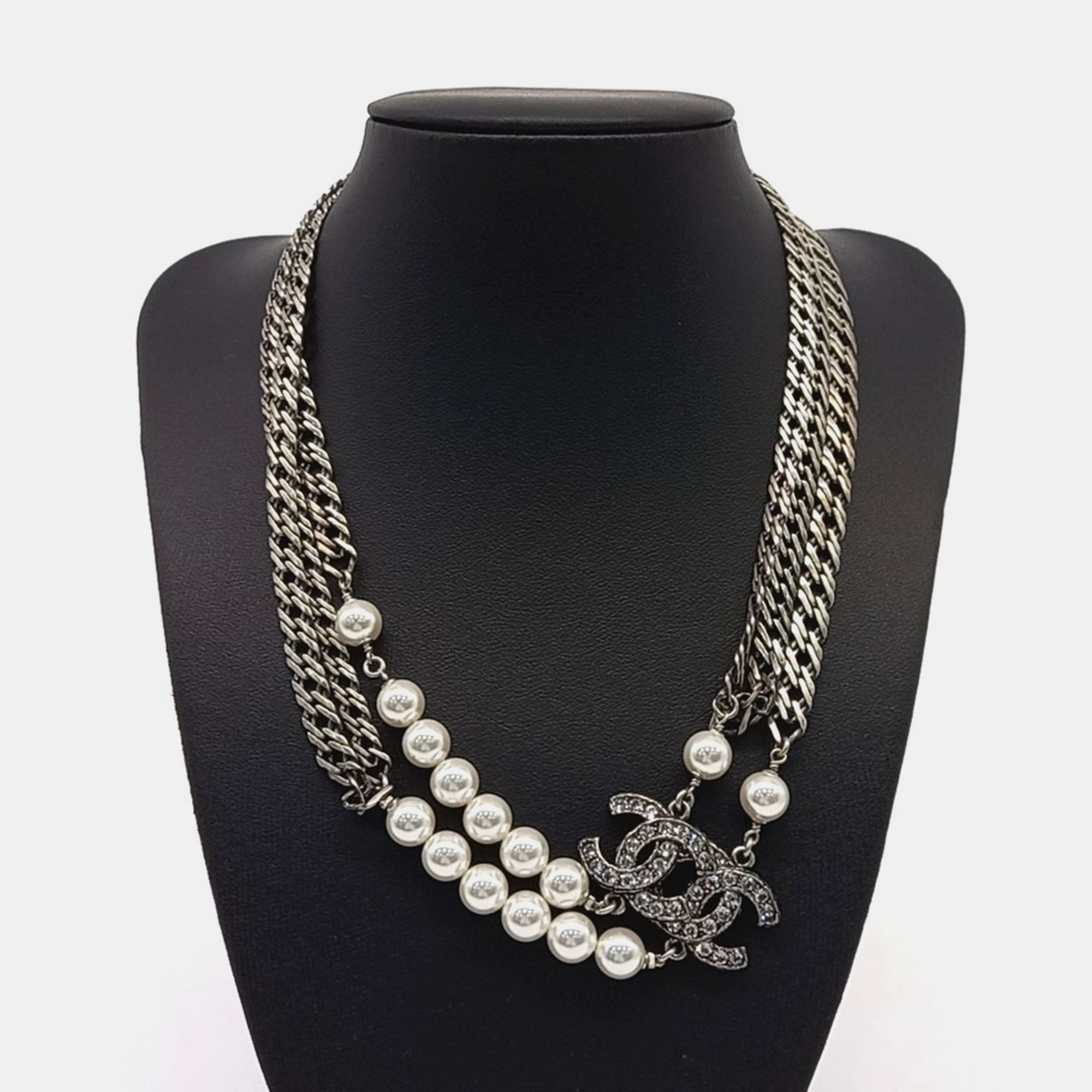 

Chanel Silver Plated Logo Pearl Necklace