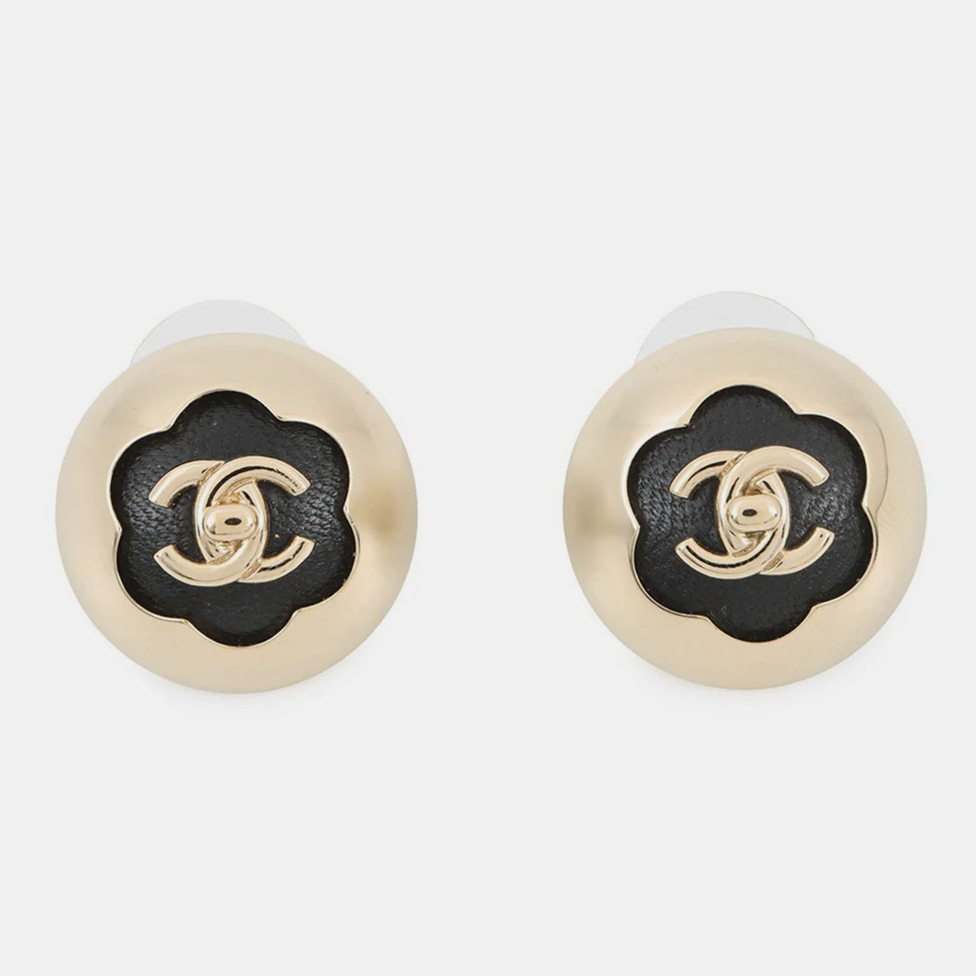 Pre-owned Chanel Cc Logo Dome Earrings Black Leather Gold Plated
