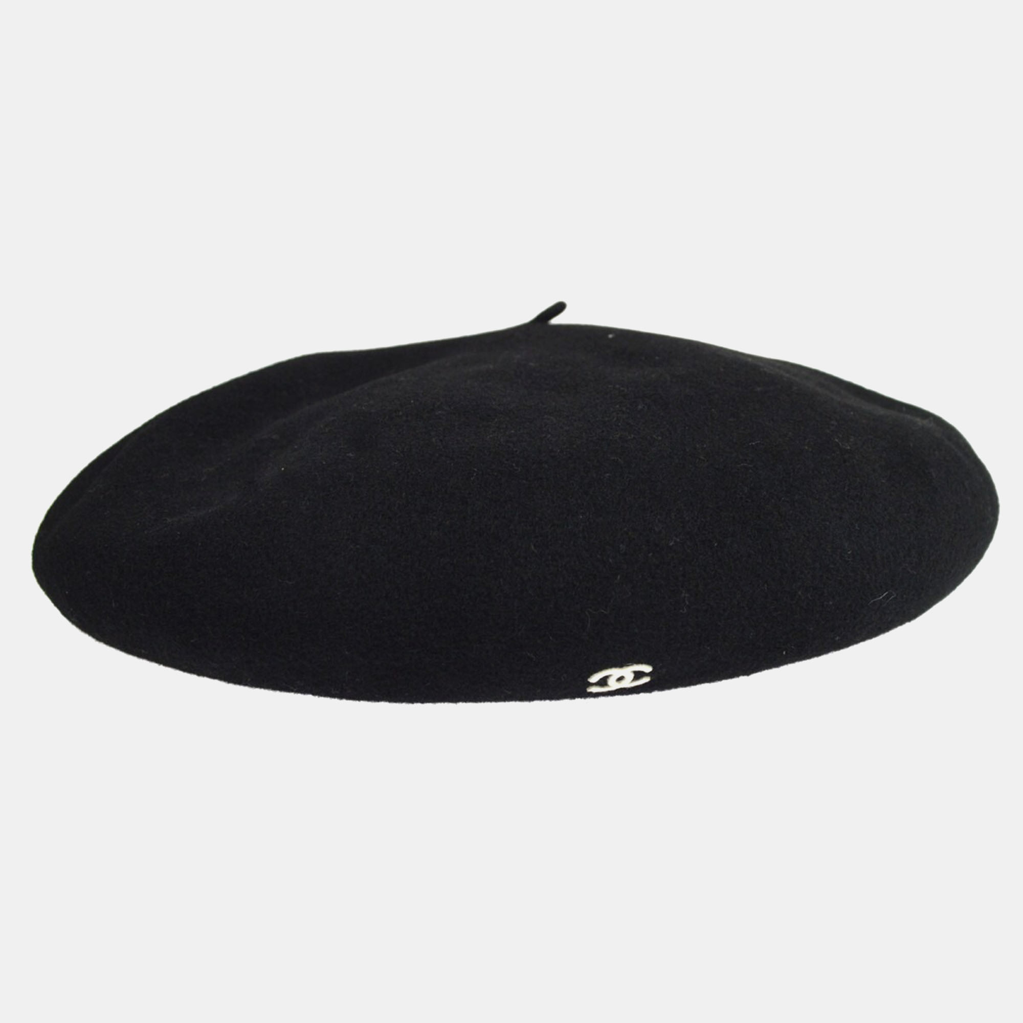 Pre-owned Chanel 98p 10814xm04 #57 Beret Hat Black Wool