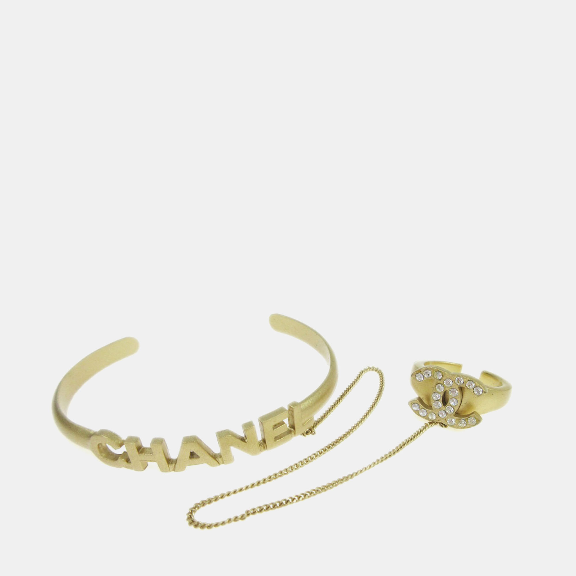 

Chanel Rhinestone Bangle Chain Ring #6 Gold