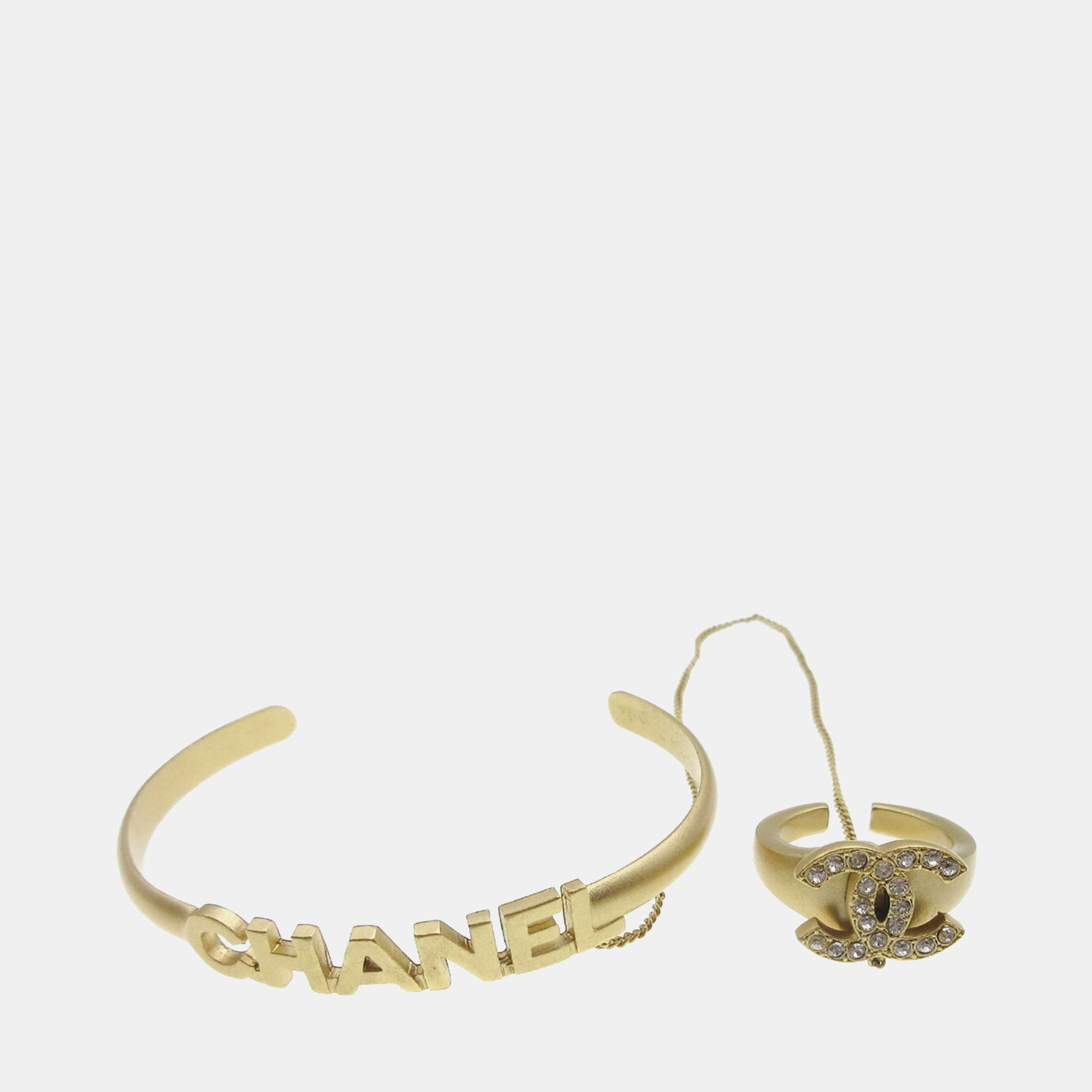 

Chanel Rhinestone Bangle Chain Ring #6 Gold