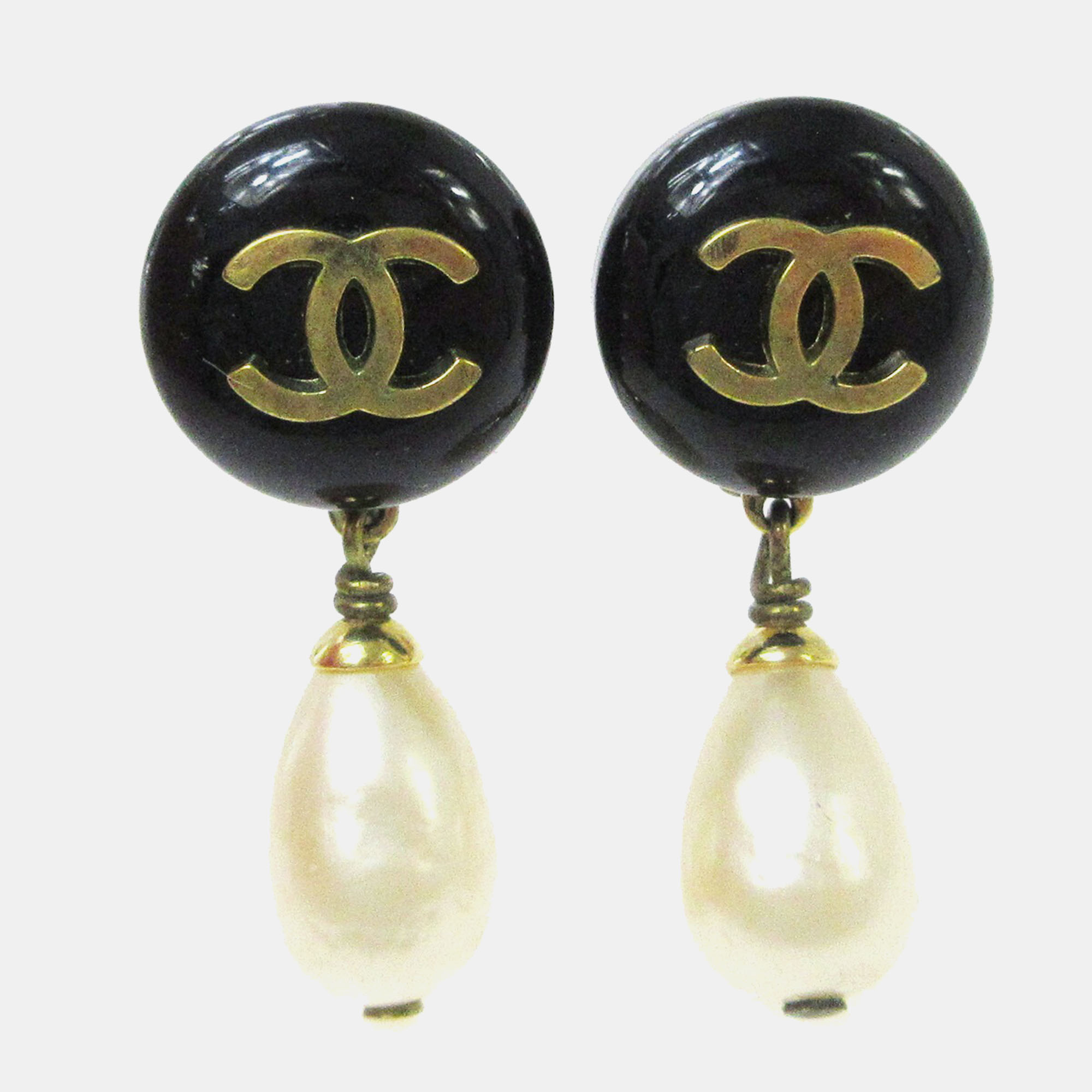 

Chanel Artificial Pearl Dangle Earrings Clip-On Black White