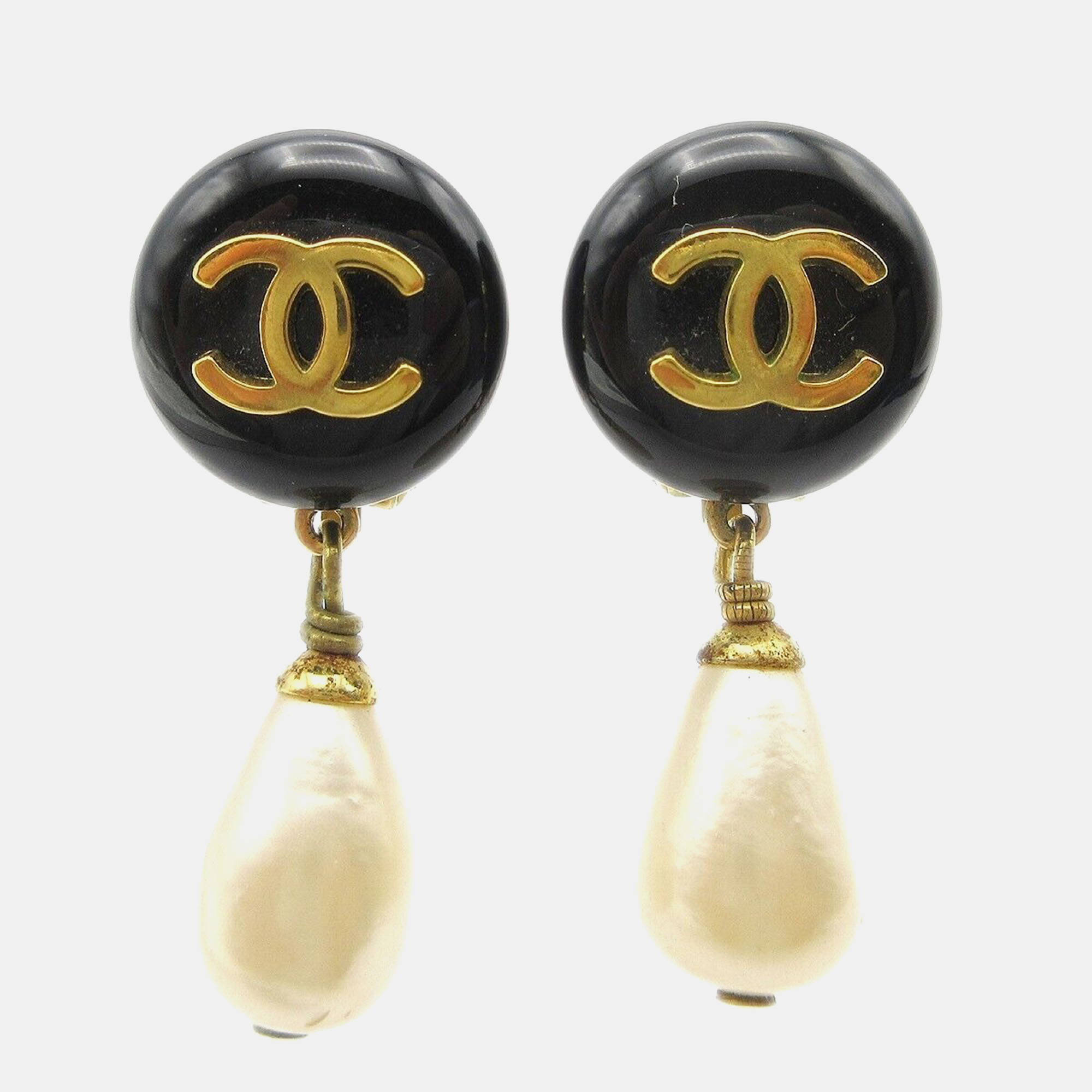 Pre-owned Chanel Artificial Pearl Dangle Earrings Clip-on Black