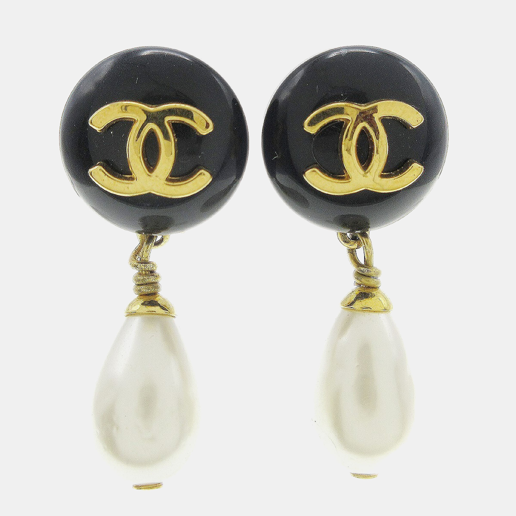 Pre-owned Chanel Artificial Pearl Dangle Earrings Clip-on Black