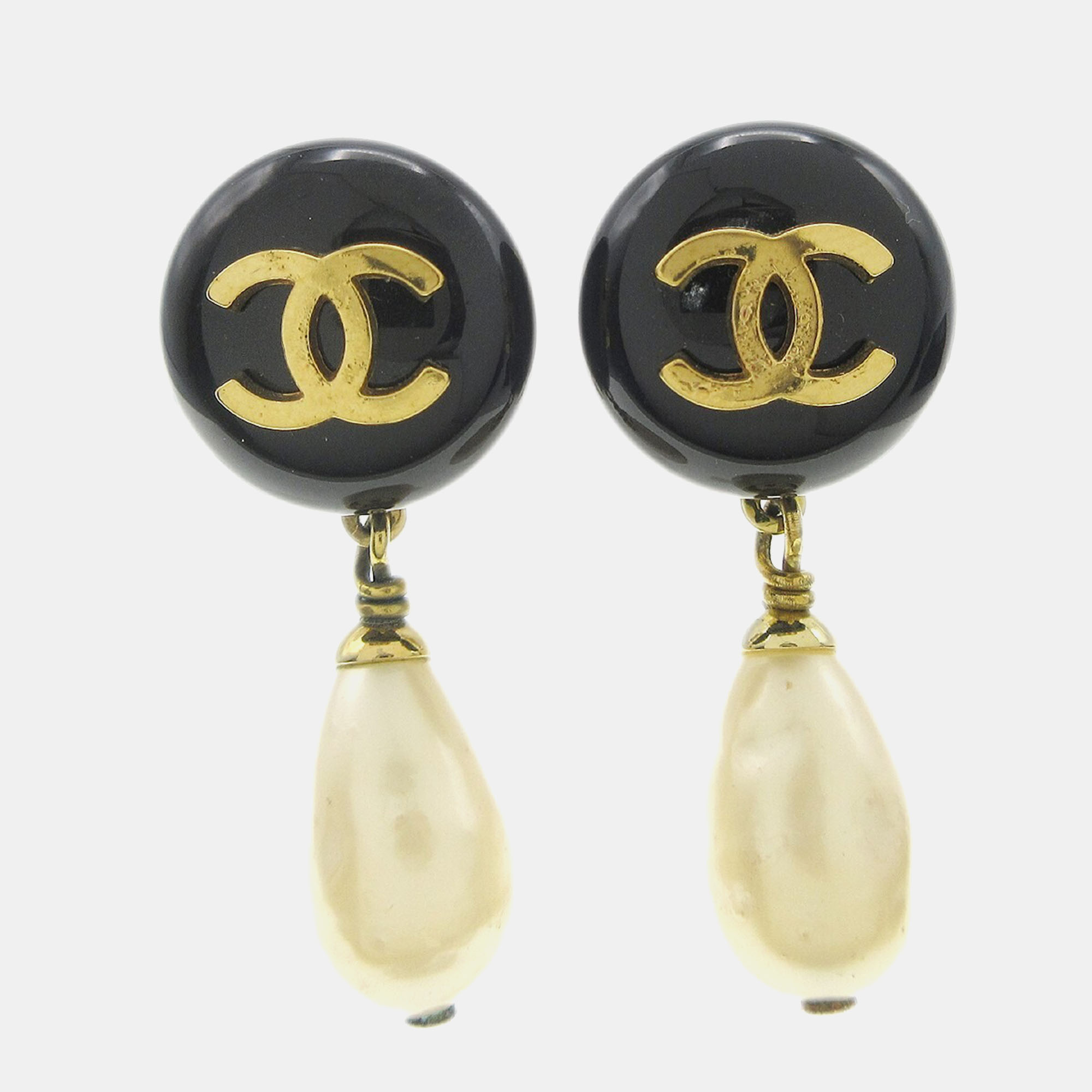 Pre-owned Chanel Artificial Pearl Dangle Earrings Clip-on Black