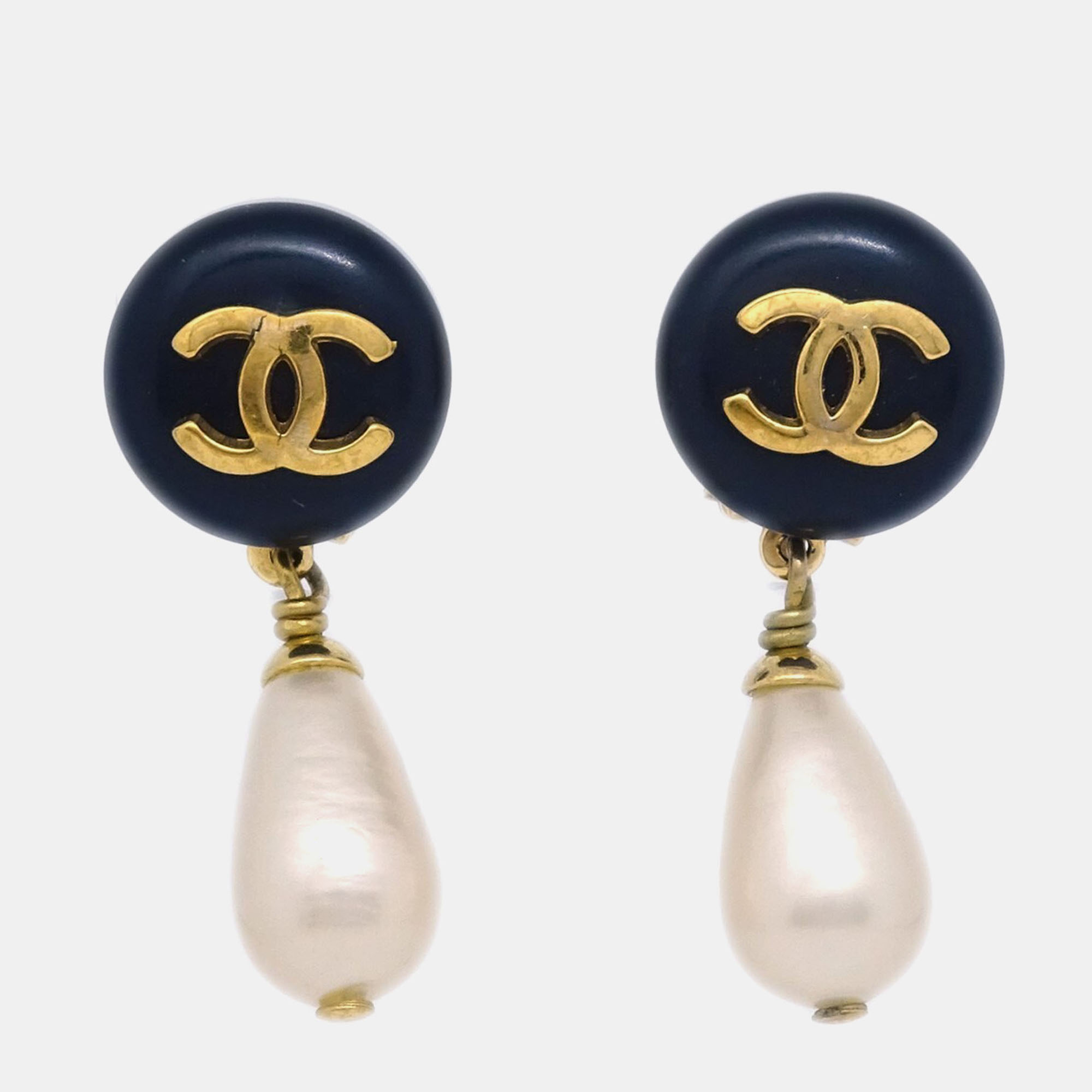 Pre-owned Chanel Artificial Pearl Dangle Earrings Clip-on Black