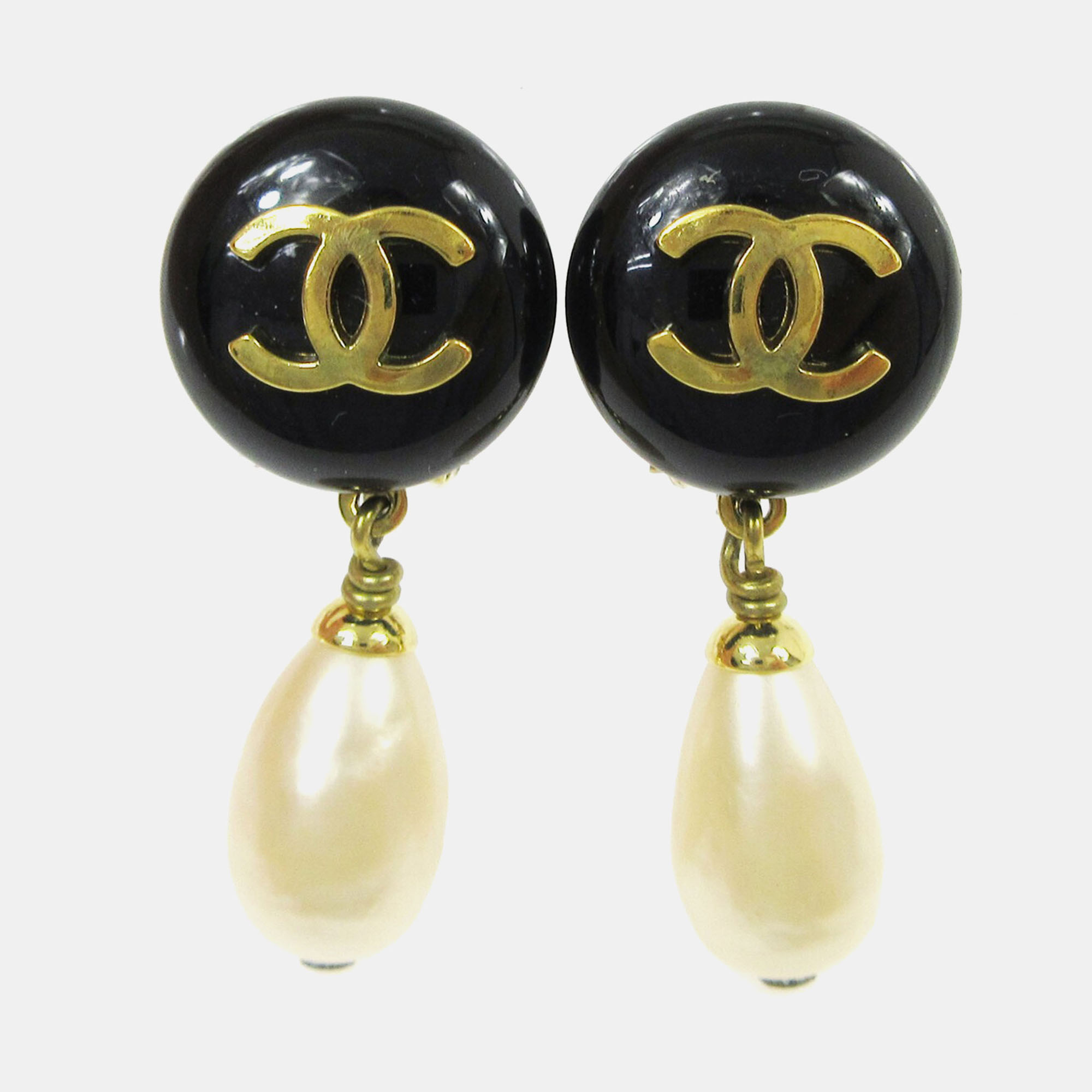 

Chanel Artificial Pearl Dangle Earrings Clip-On Black White