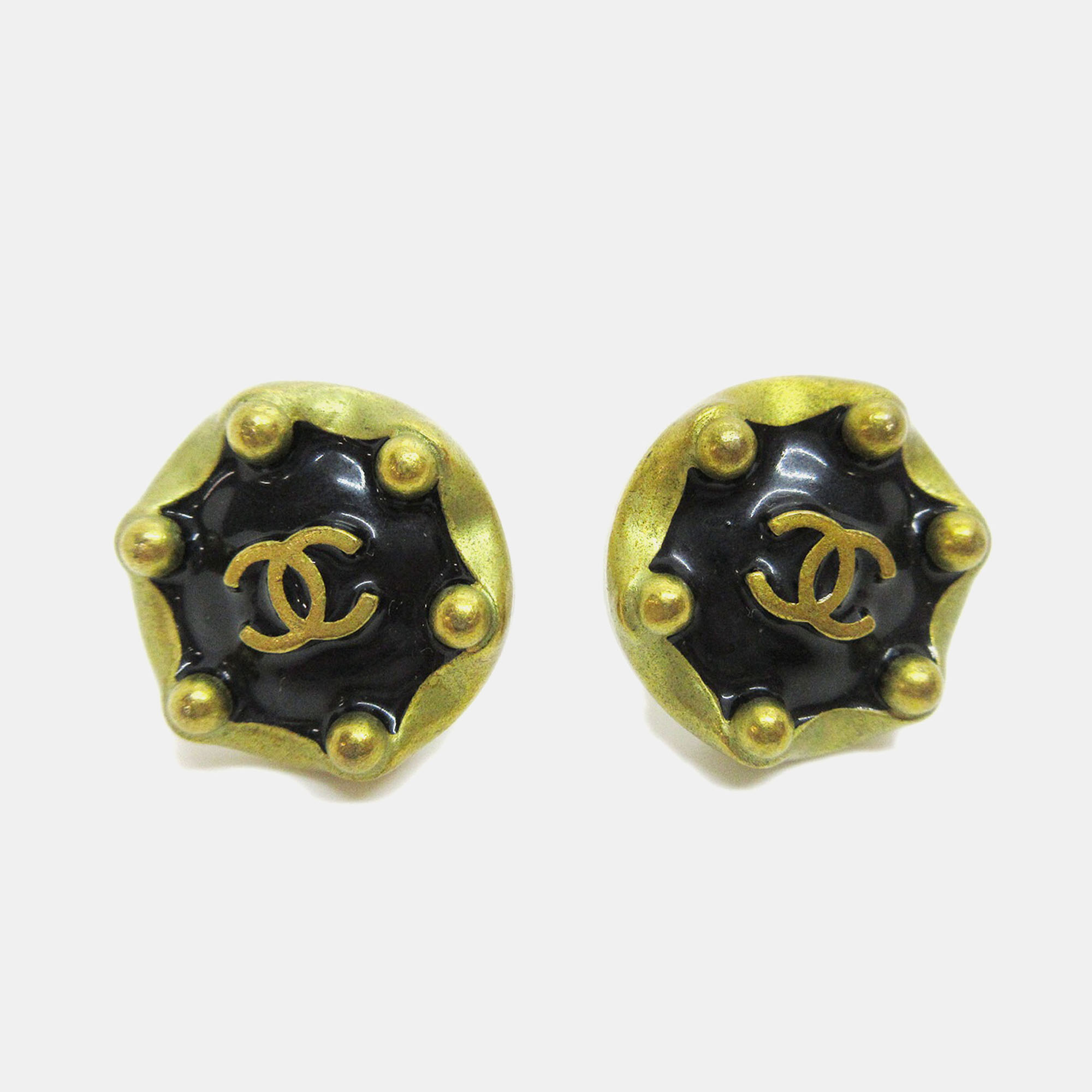

Chanel Button Earrings Gold Black Clip-On